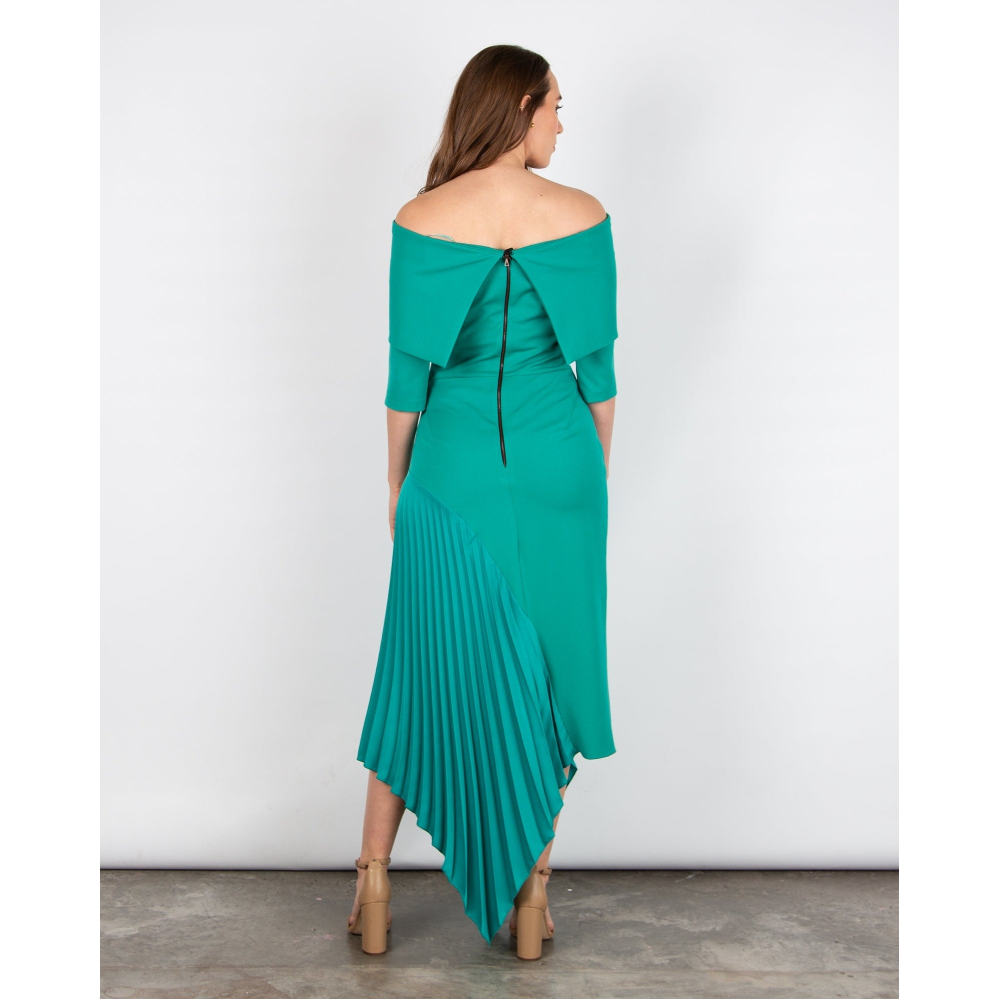 Kevan Jon Kiera Bardot 3/4 Sleeve Ruched Waist Pleat Hem Dress Peacock