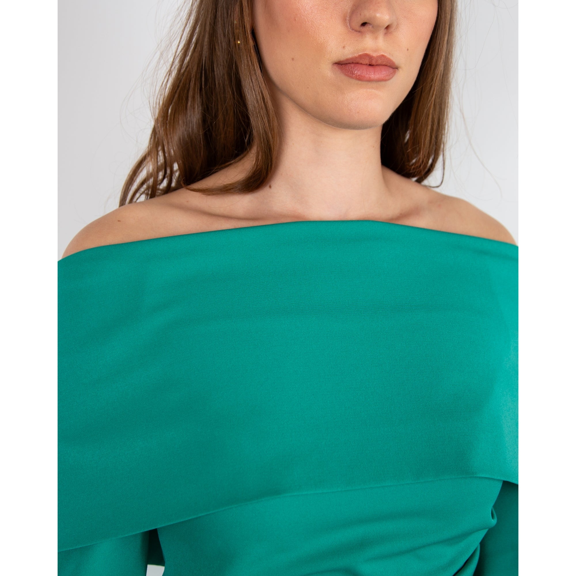 Kevan Jon Kiera Bardot 3/4 Sleeve Ruched Waist Pleat Hem Dress Peacock