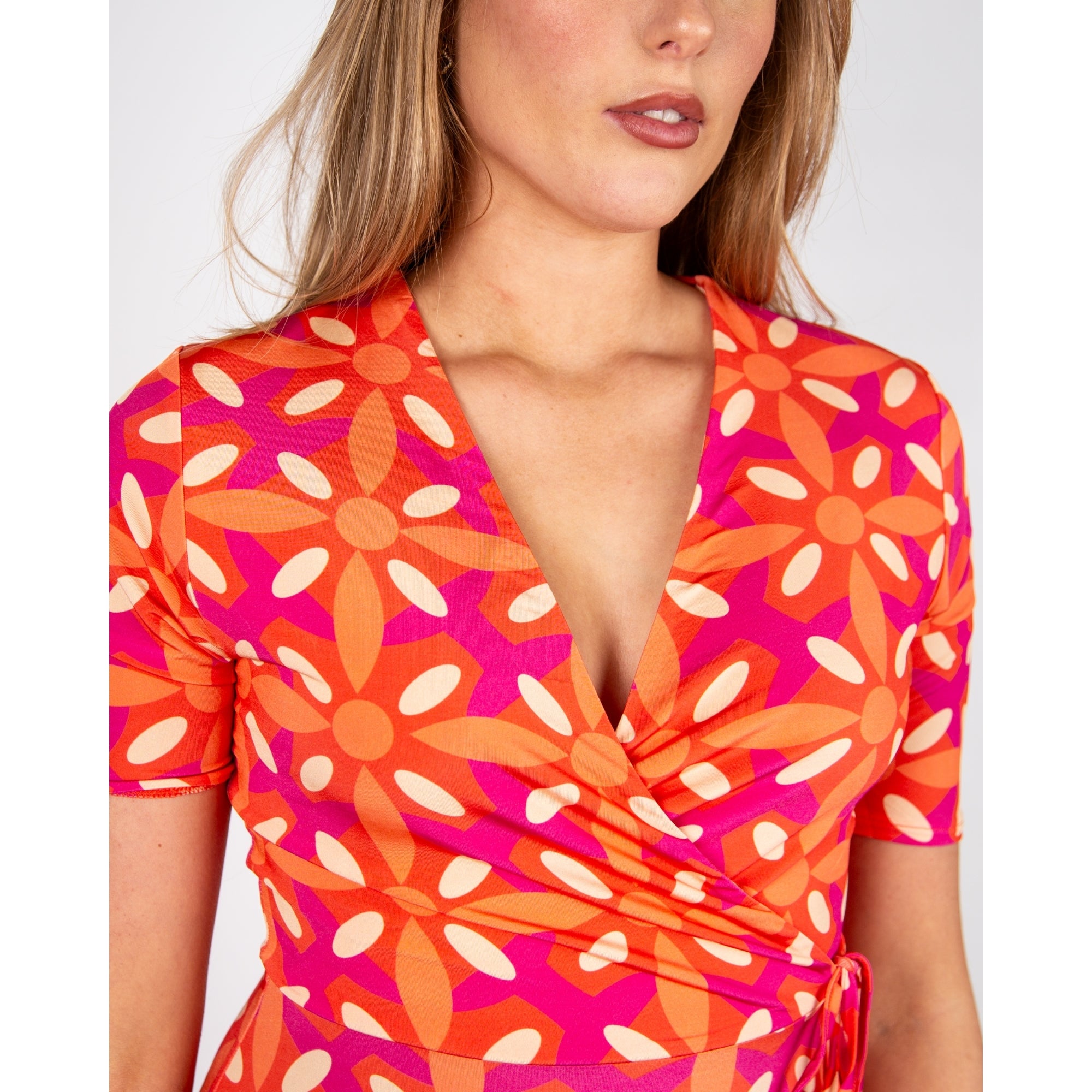 Milano Italy Geofloral Print Mid Length Tie Side Wrap Dress Orange/pink