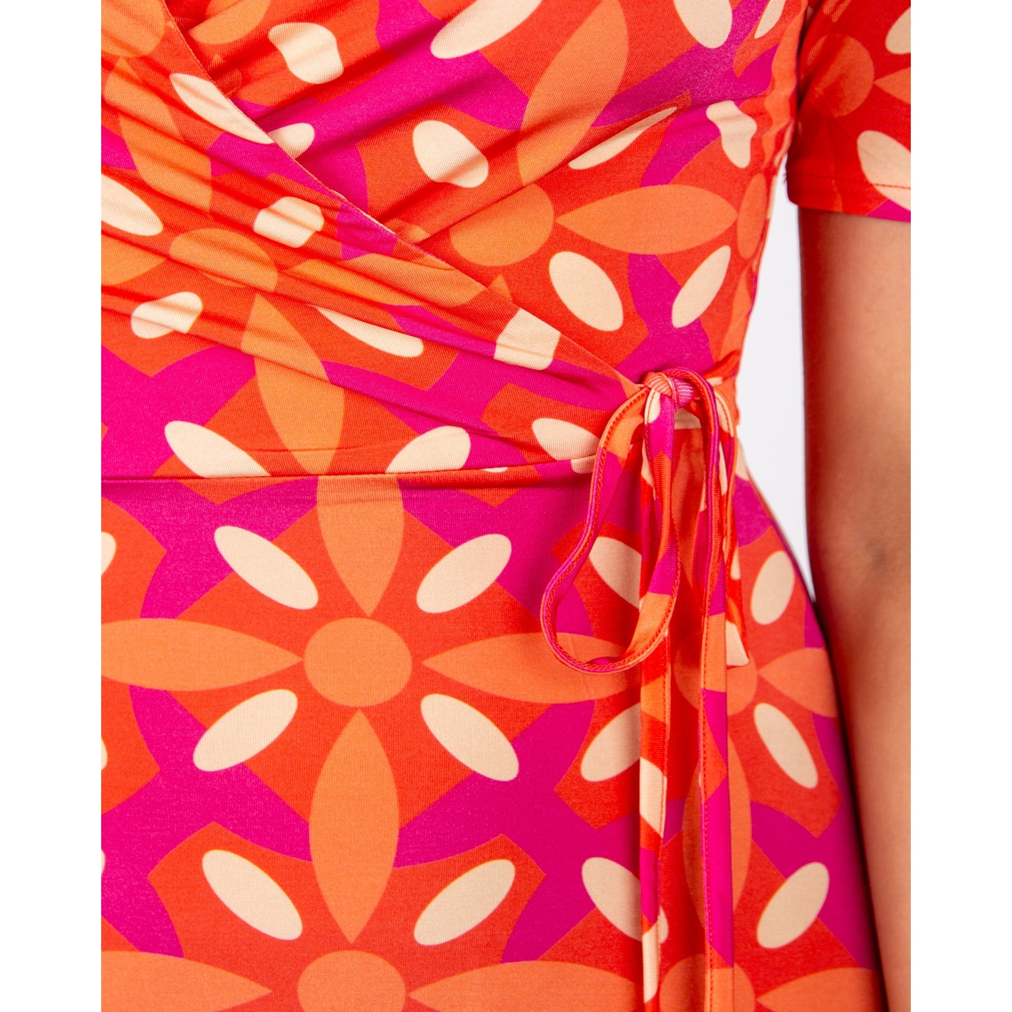Milano Italy Geofloral Print Mid Length Tie Side Wrap Dress Orange/pink