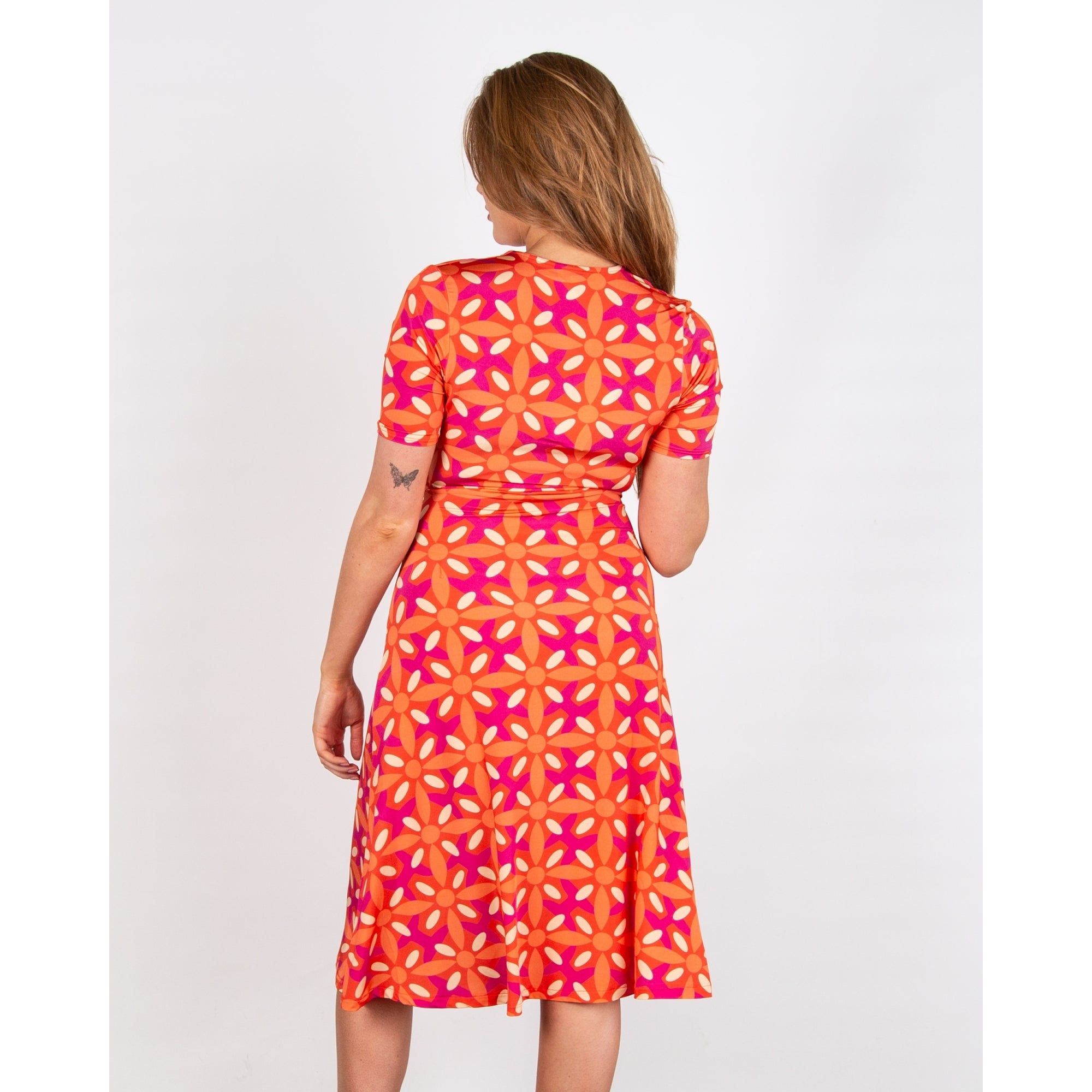 Milano Italy Geofloral Print Mid Length Tie Side Wrap Dress Orange/pink