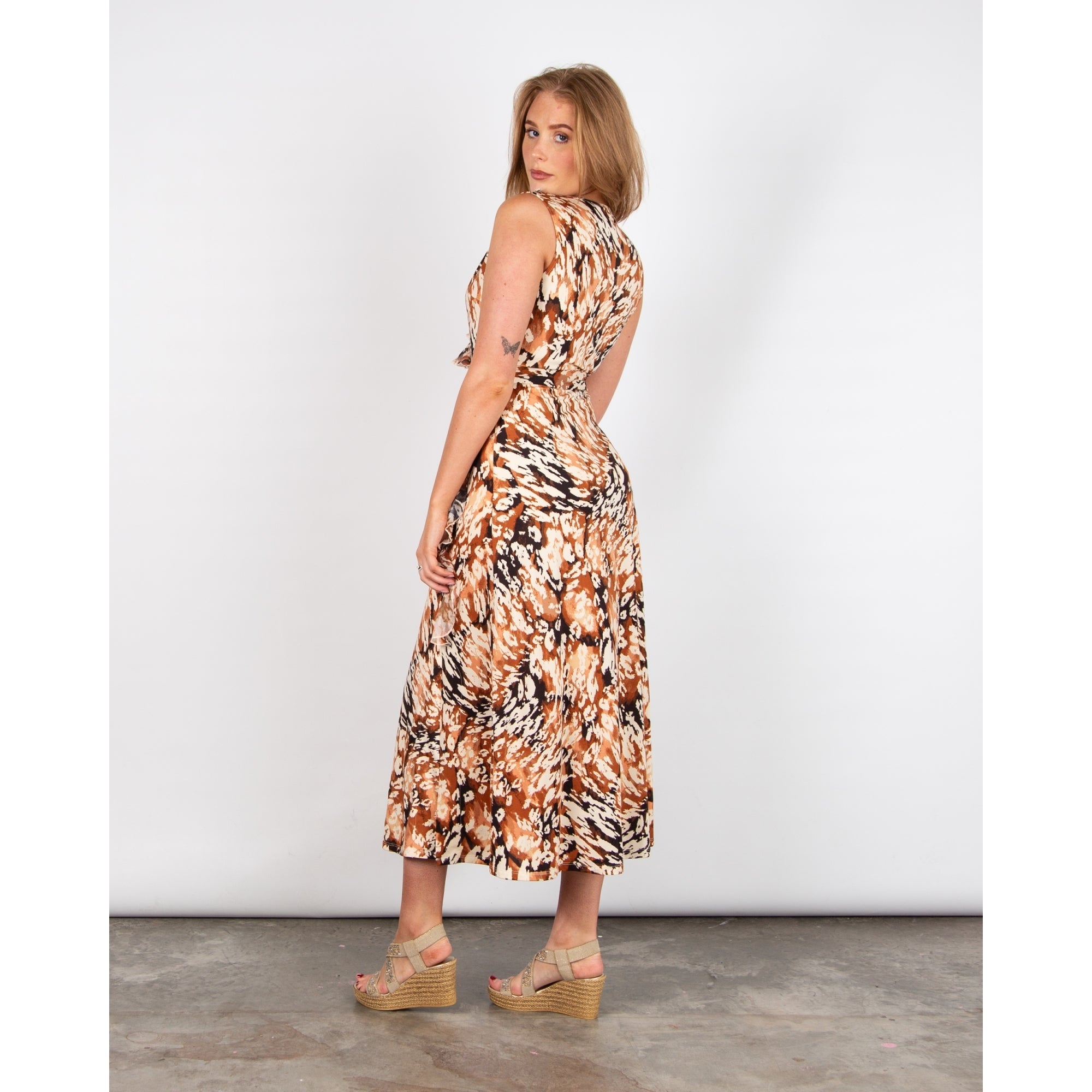 K Design Sleeveless Ruffle V Neck Leopard Print Dress Brown/ecru