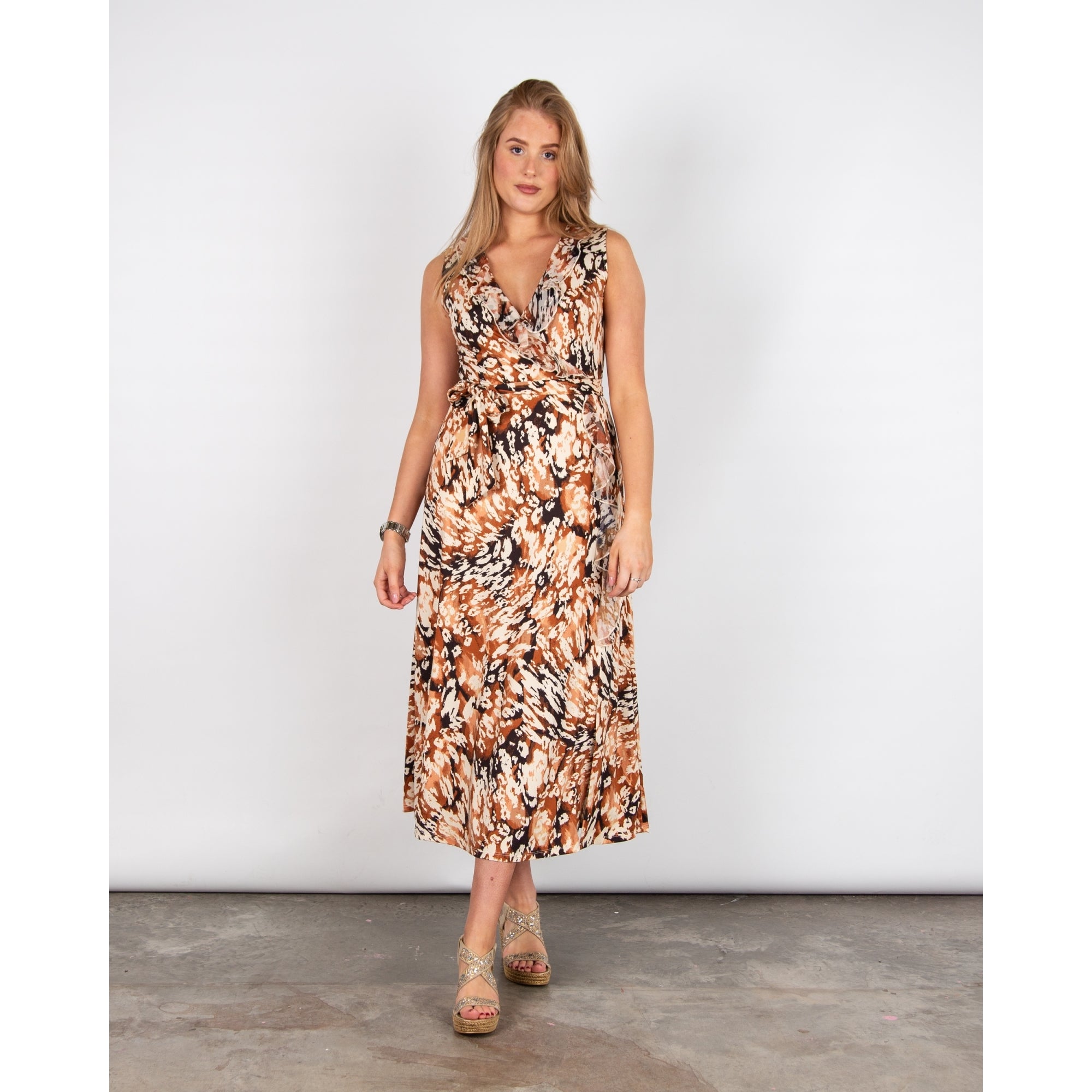 K Design Sleeveless Ruffle V Neck Leopard Print Dress Brown/ecru