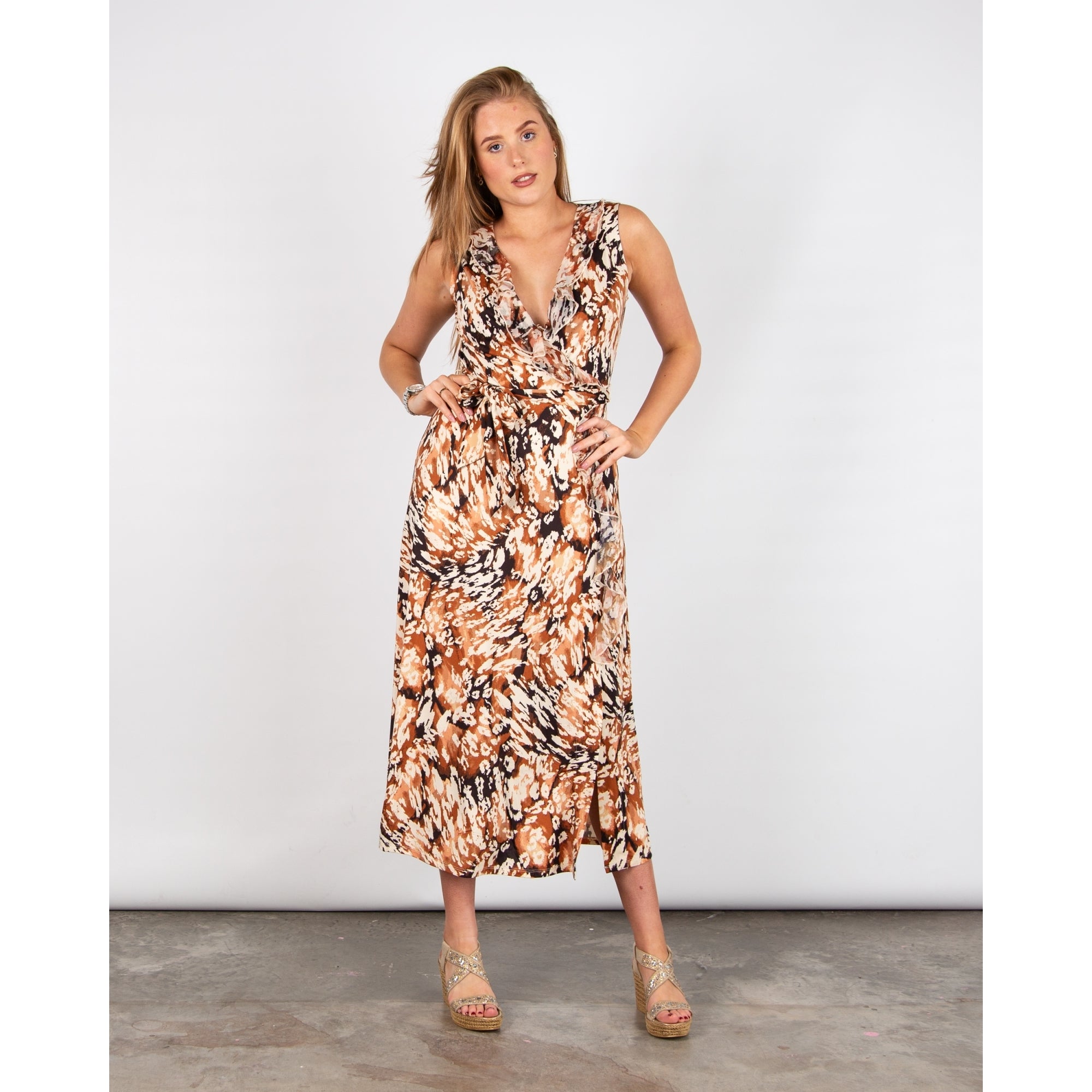 K Design Sleeveless Ruffle V Neck Leopard Print Dress Brown/ecru