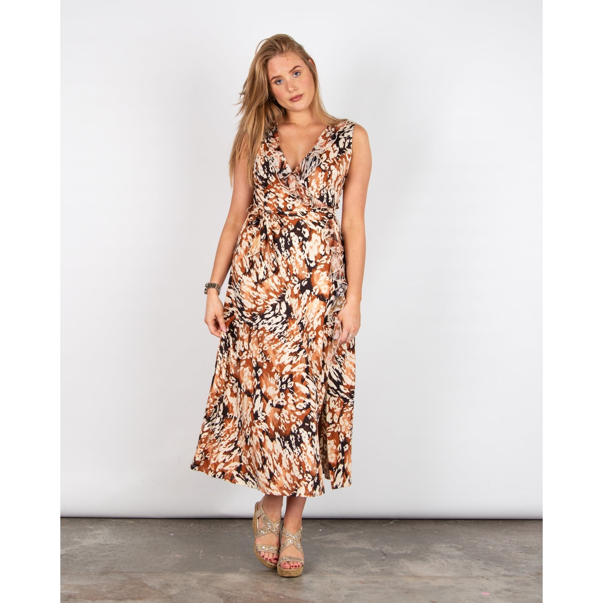 K Design Sleeveless Ruffle V Neck Leopard Print Dress Brown/ecru