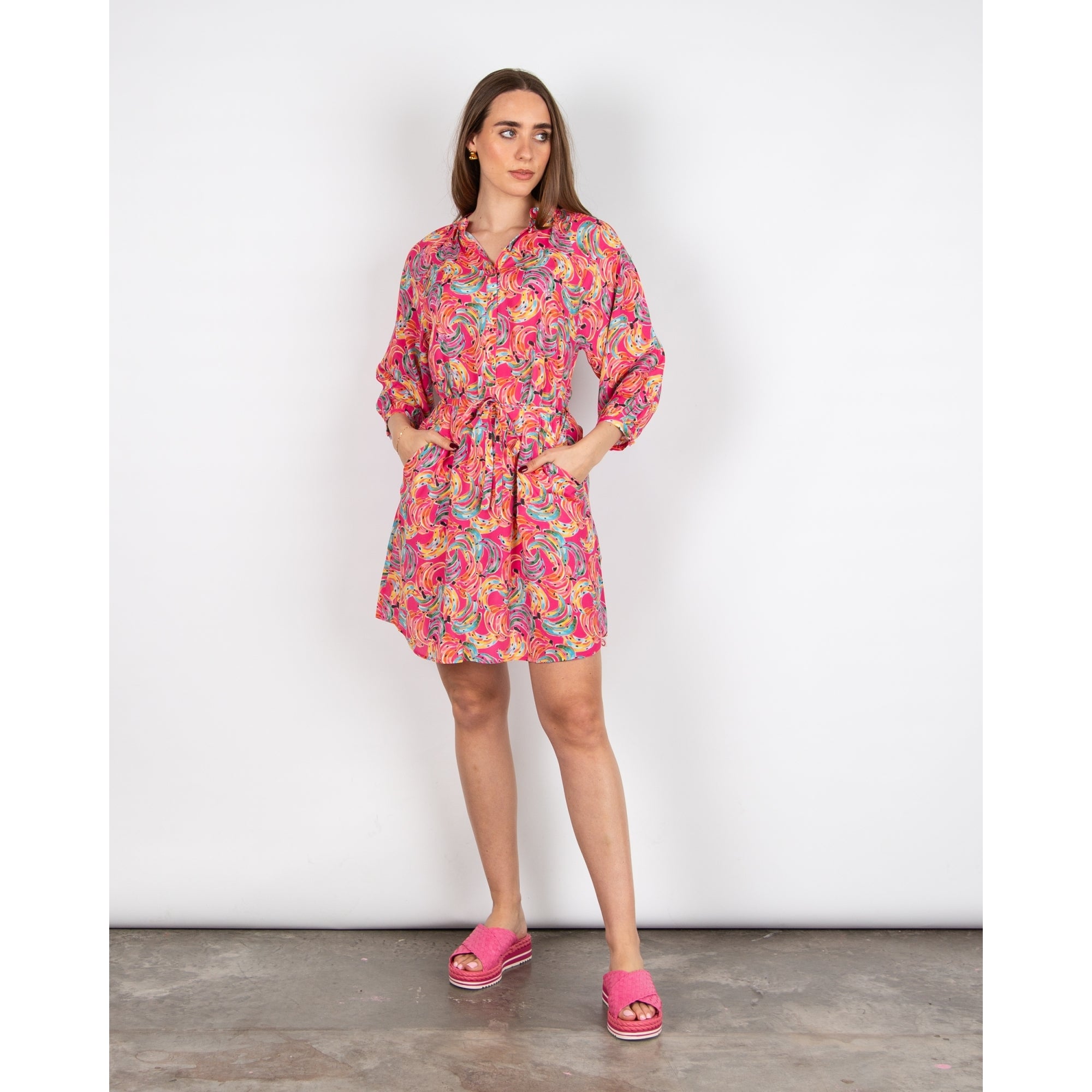 Primrose Park Zulu A Line Banana Print Tunic Dress With Tie Belt Bananas Pink
