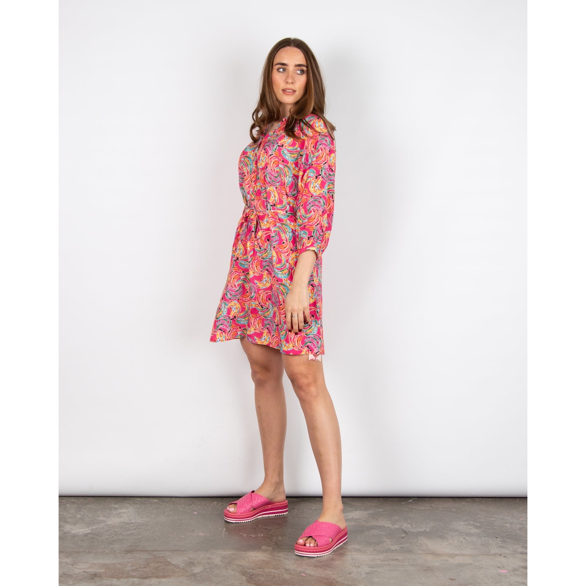 Primrose Park Zulu A Line Banana Print Tunic Dress With Tie Belt Bananas Pink