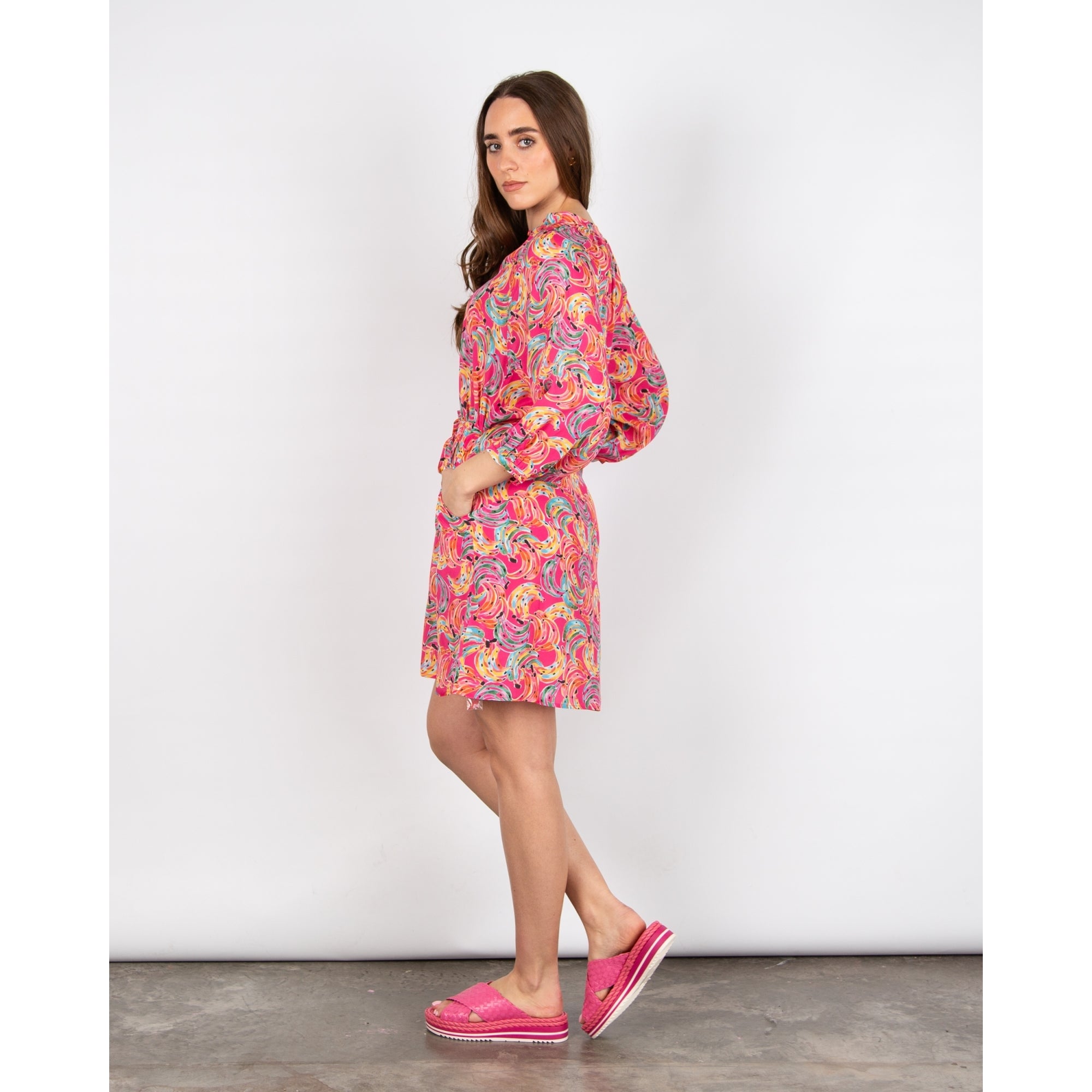 Primrose Park Zulu A Line Banana Print Tunic Dress With Tie Belt Bananas Pink