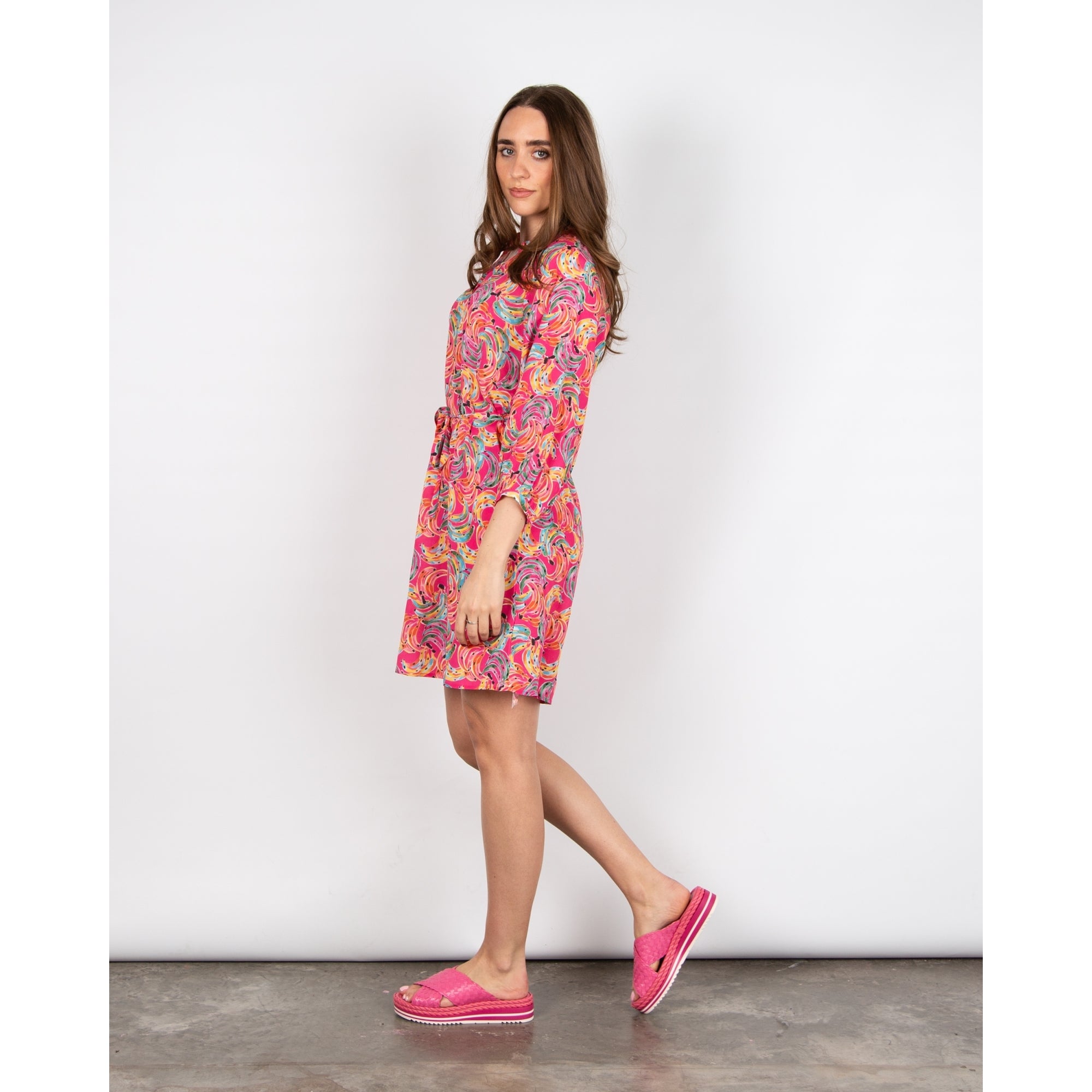 Primrose Park Zulu A Line Banana Print Tunic Dress With Tie Belt Bananas Pink