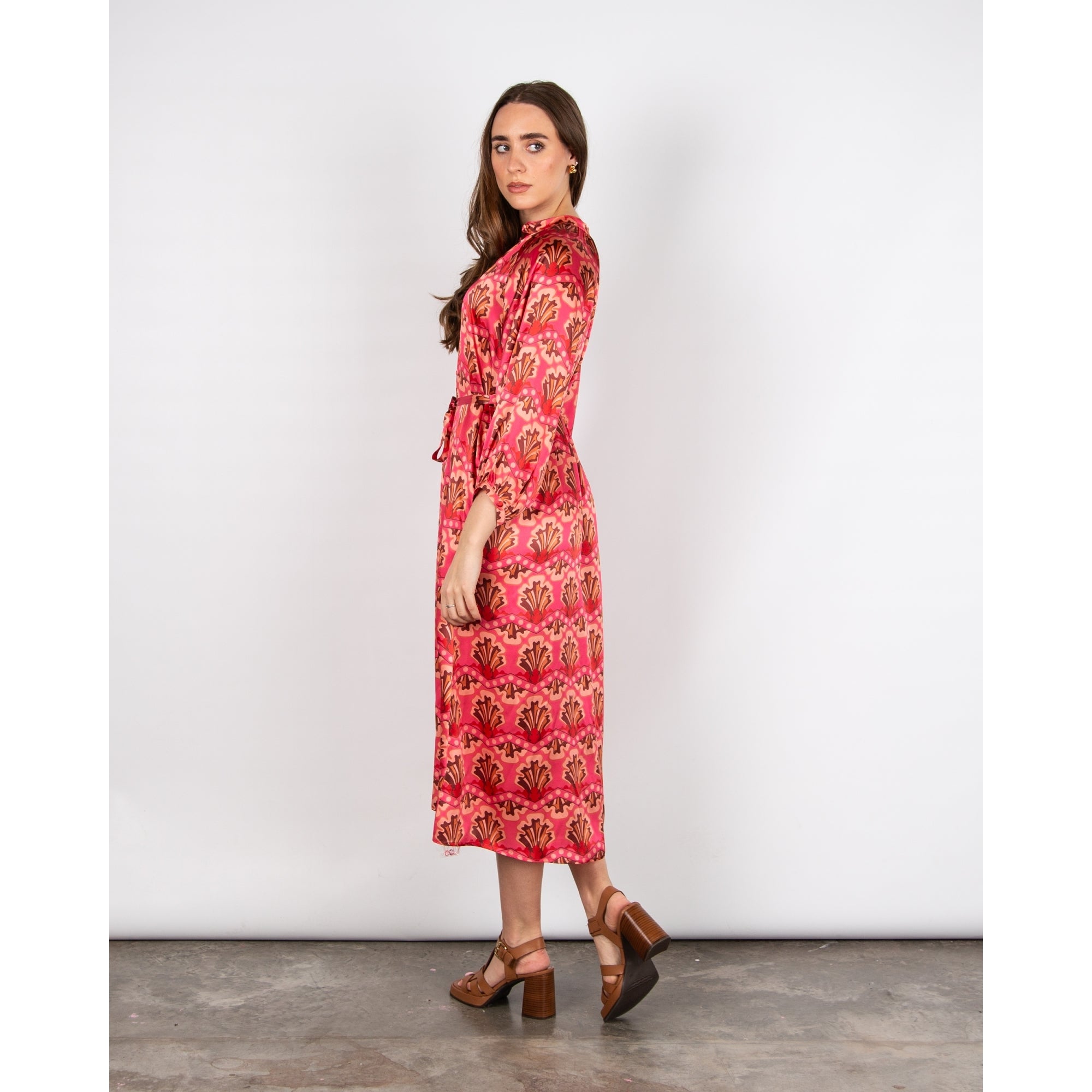 Primrose Park Zion Zigzag Shell Print Button Down Silk Dress Zigzag Pink