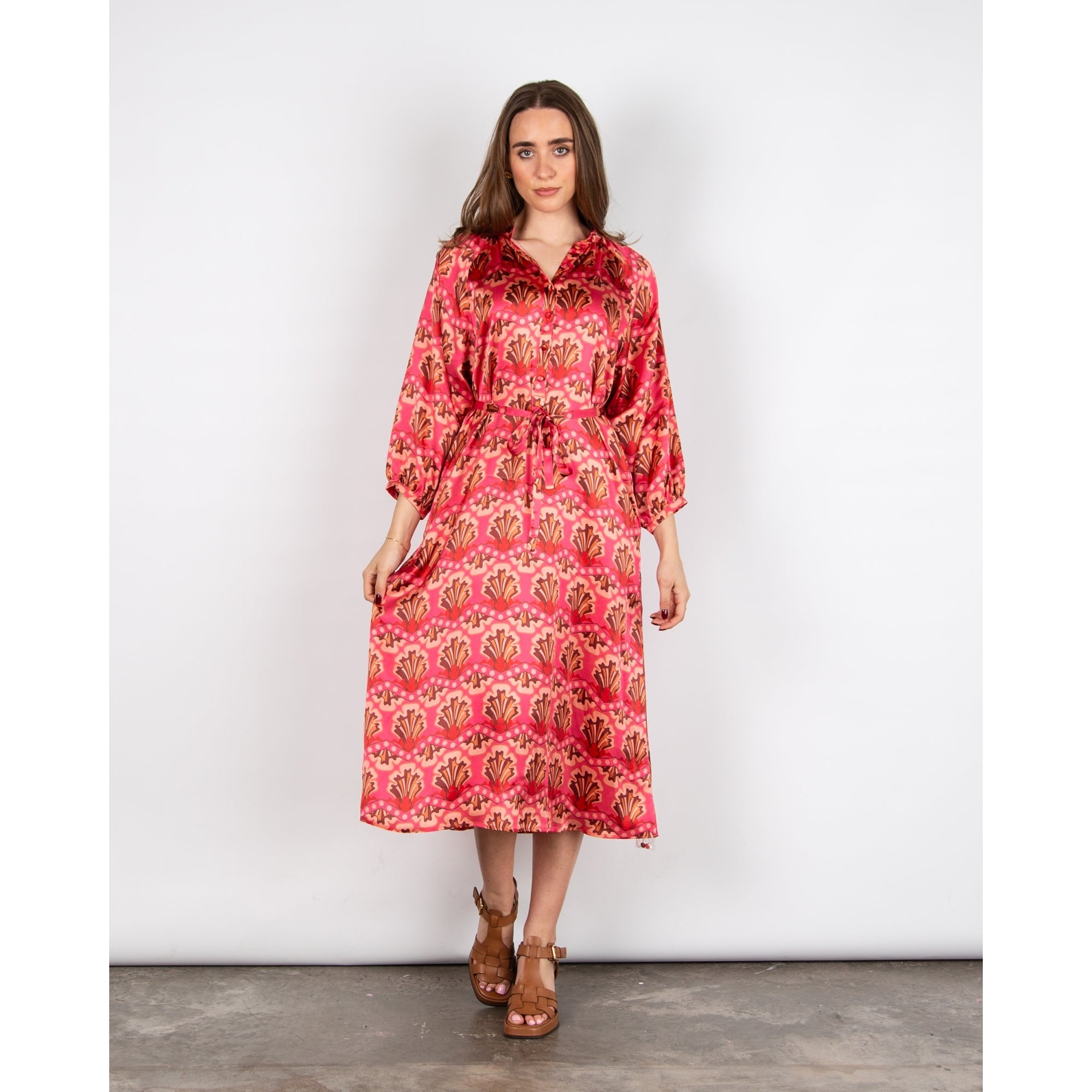 Primrose Park Zion Zigzag Shell Print Button Down Silk Dress Zigzag Pink