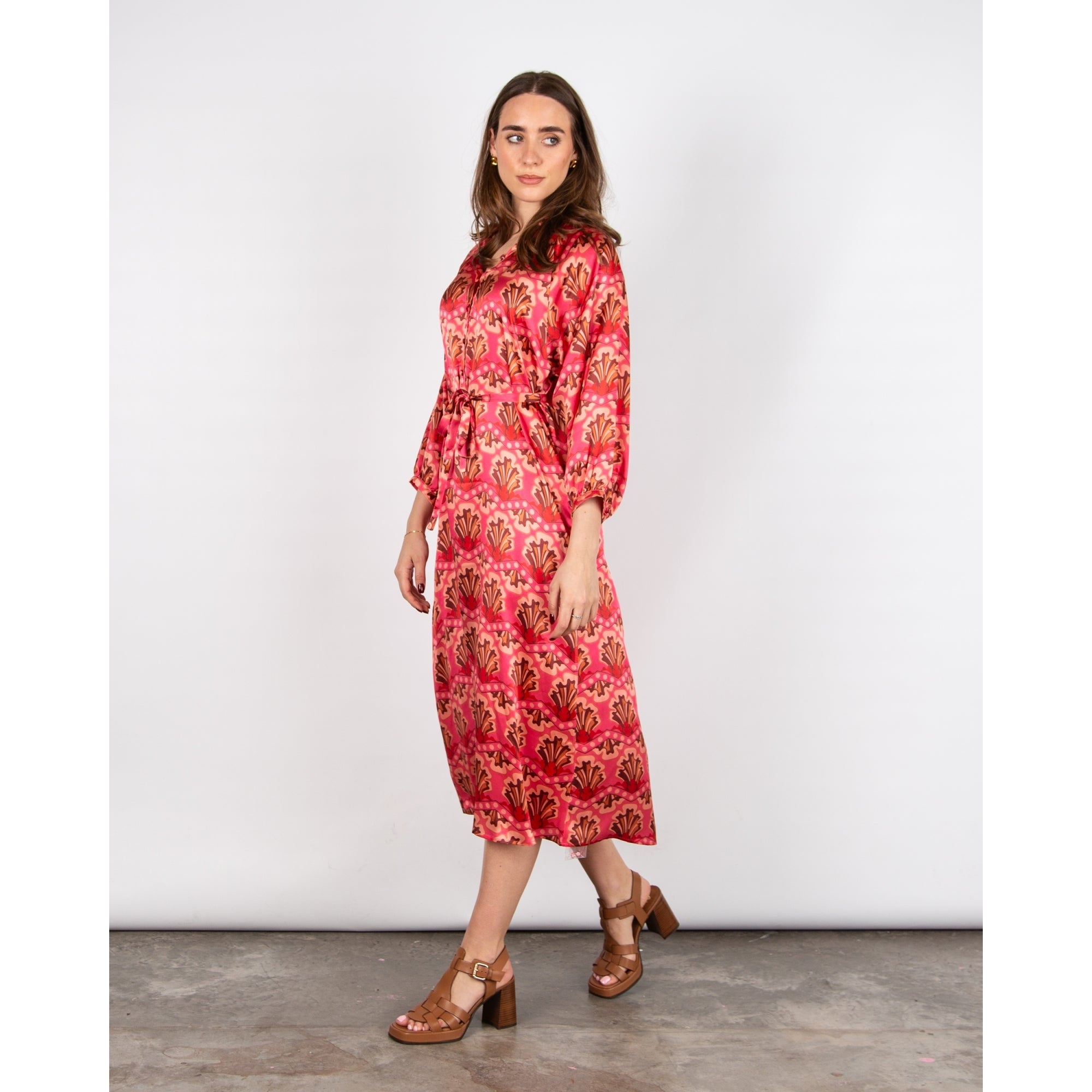 Primrose Park Zion Zigzag Shell Print Button Down Silk Dress Zigzag Pink