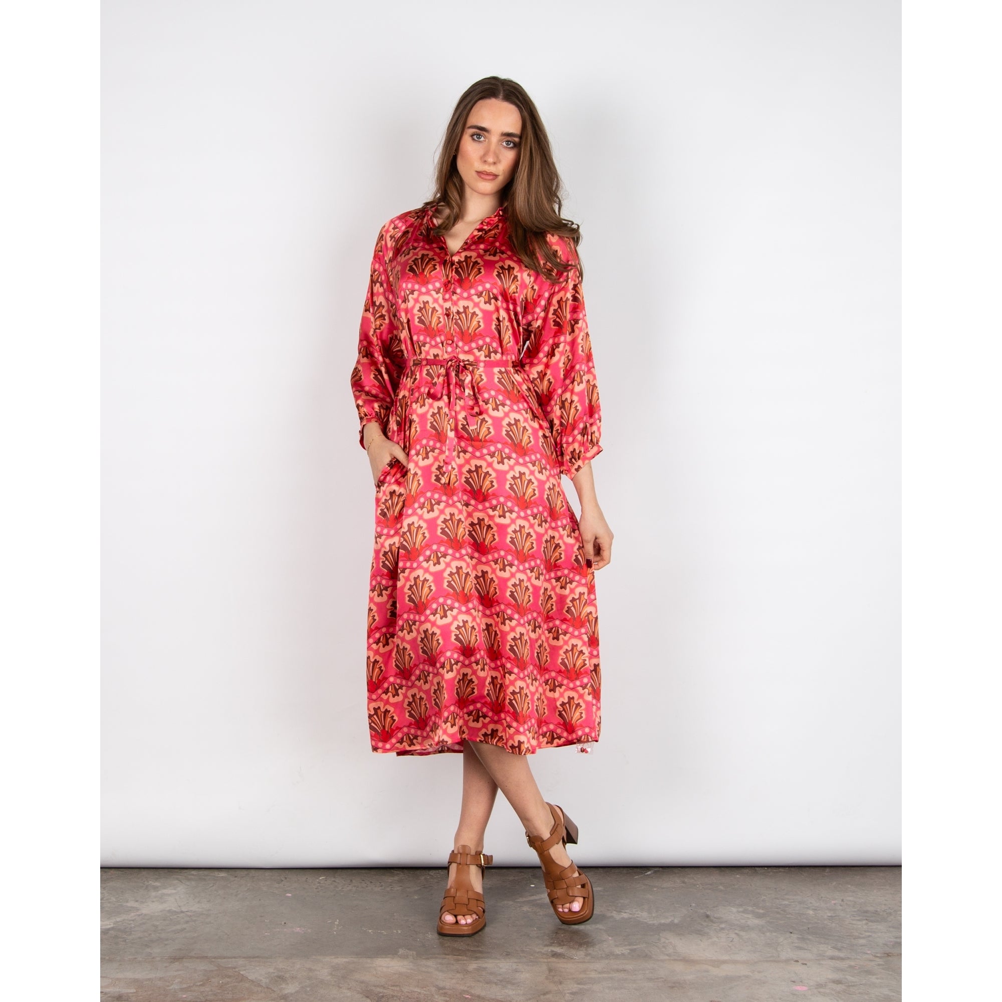 Primrose Park Zion Zigzag Shell Print Button Down Silk Dress Zigzag Pink