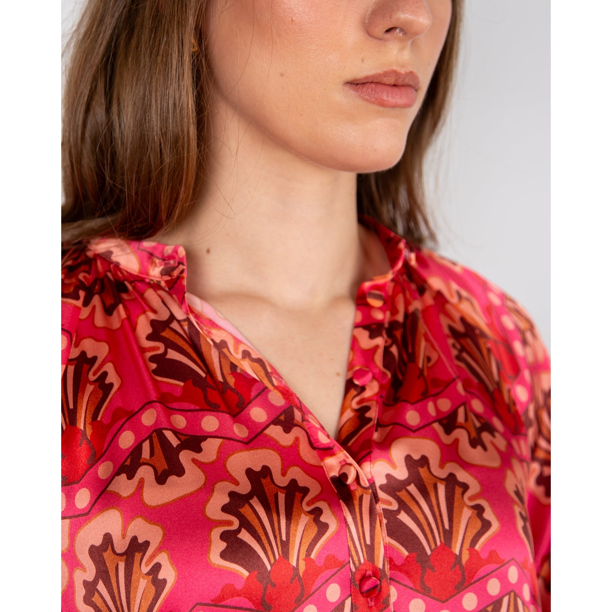 Primrose Park Zion Zigzag Shell Print Button Down Silk Dress Zigzag Pink