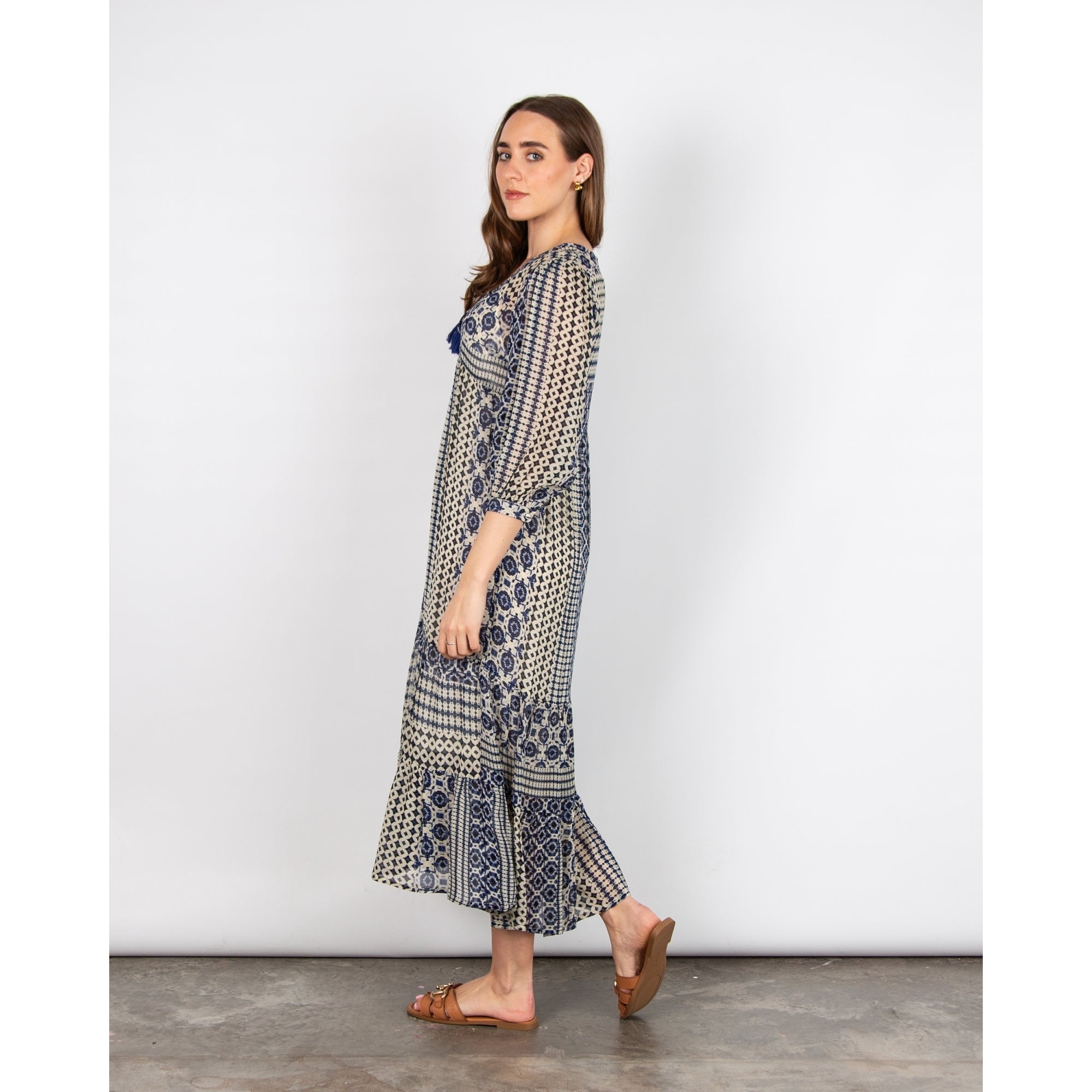 Pomodoro V Neck Circle Ethnic Stripe Tiered Hem Dress Blue/ecru