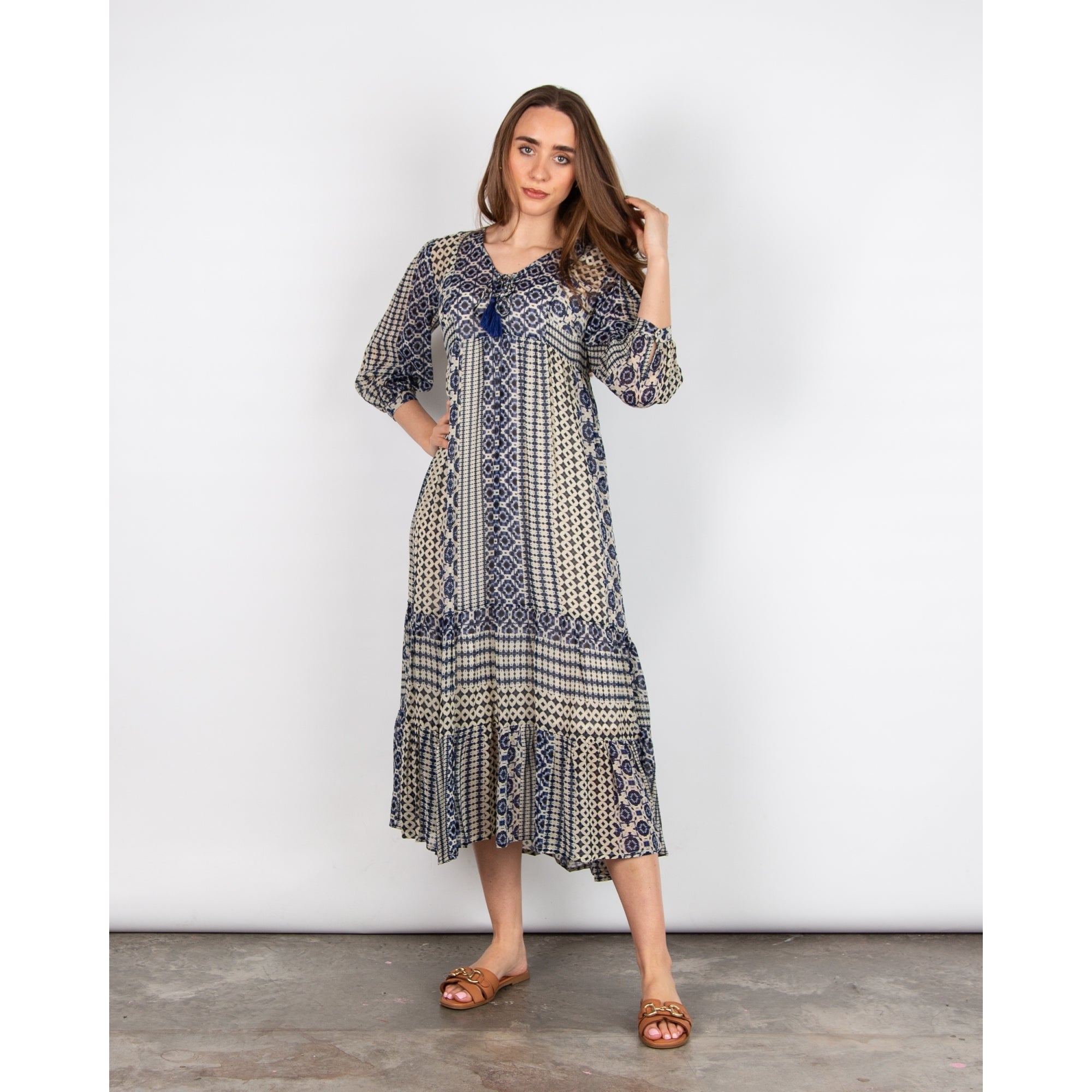 Pomodoro V Neck Circle Ethnic Stripe Tiered Hem Dress Blue/ecru