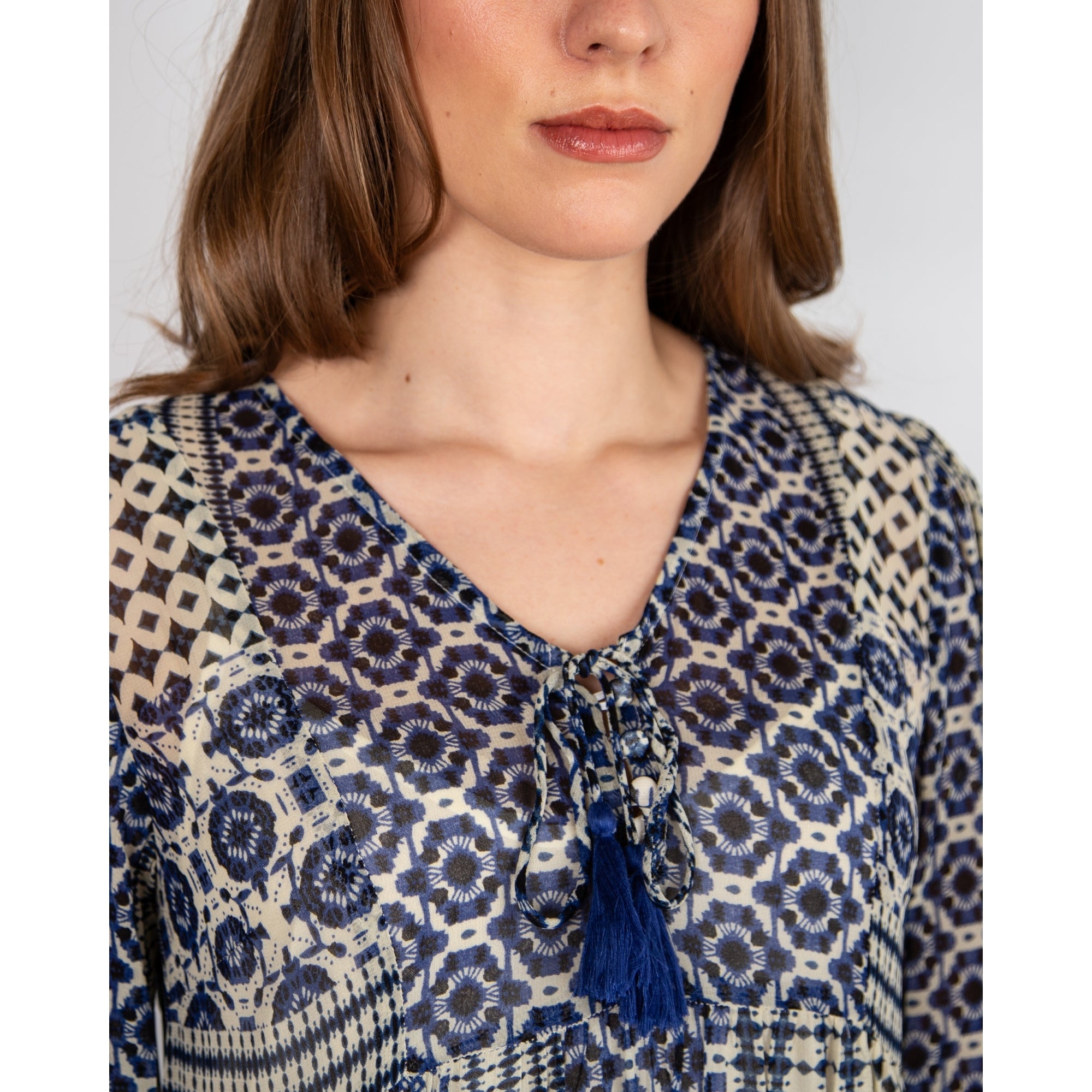 Pomodoro V Neck Circle Ethnic Stripe Tiered Hem Dress Blue/ecru