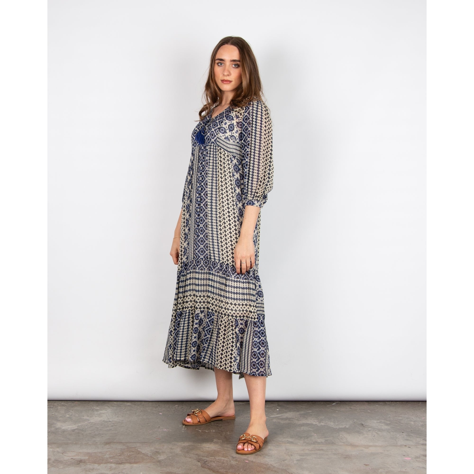 Pomodoro V Neck Circle Ethnic Stripe Tiered Hem Dress Blue/ecru