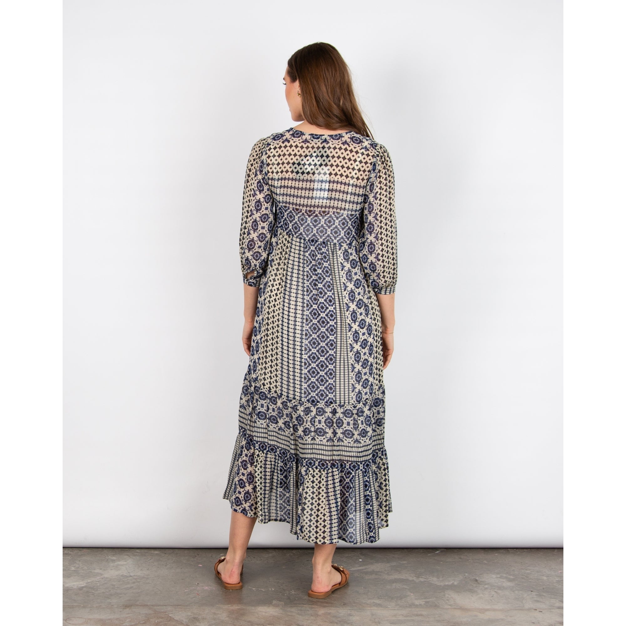 Pomodoro V Neck Circle Ethnic Stripe Tiered Hem Dress Blue/ecru