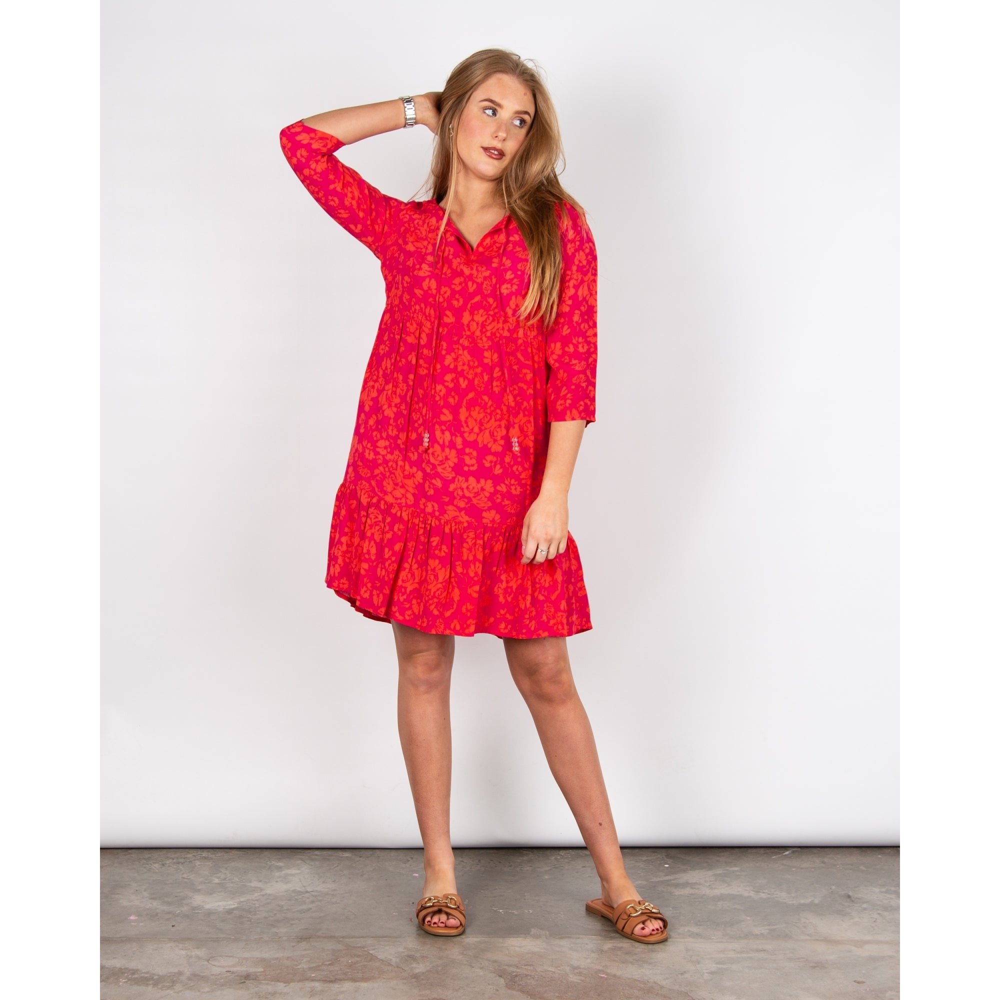 Pomodoro Tie Neck Short Tiered Contrast Floral Dress Pink/orange