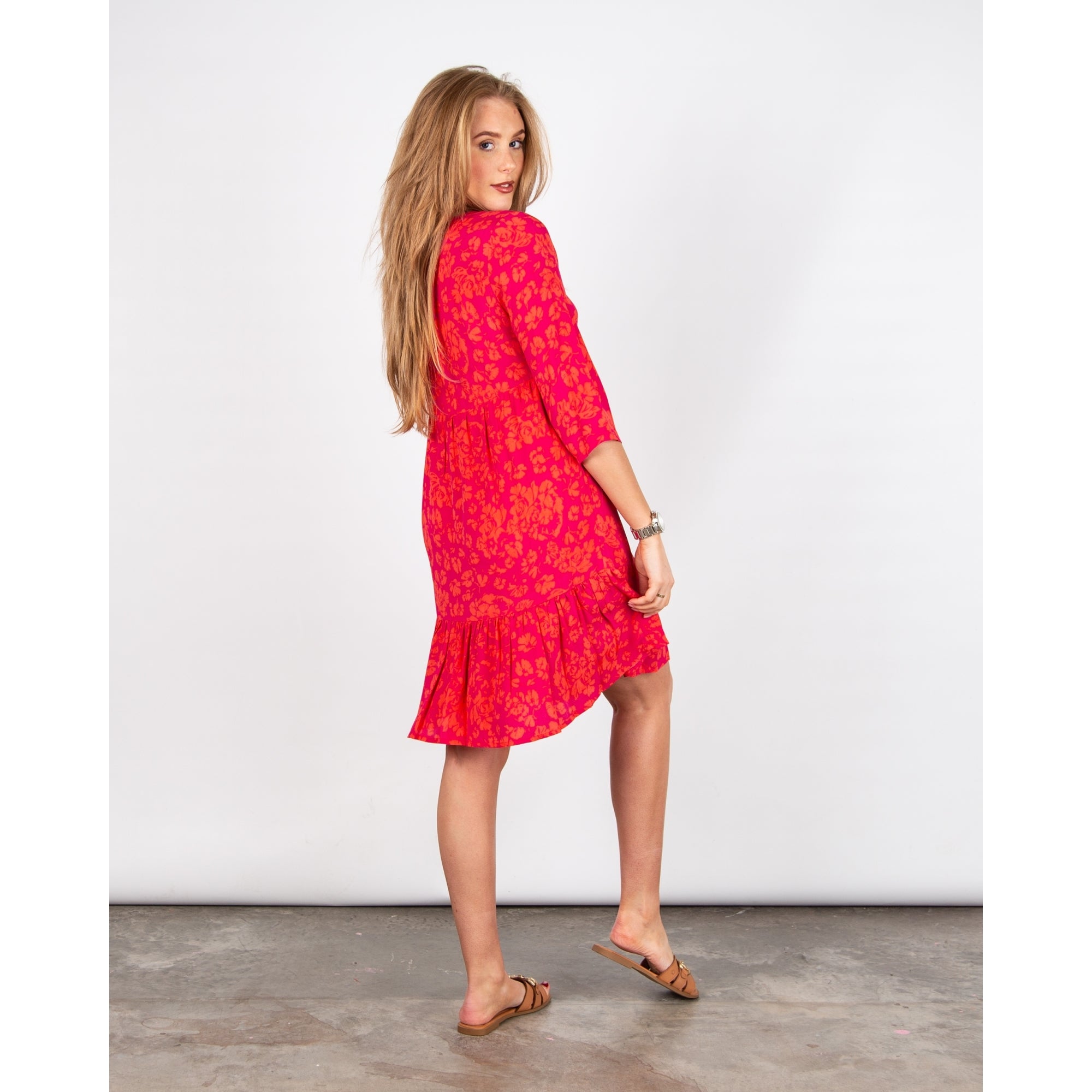 Pomodoro Tie Neck Short Tiered Contrast Floral Dress Pink/orange