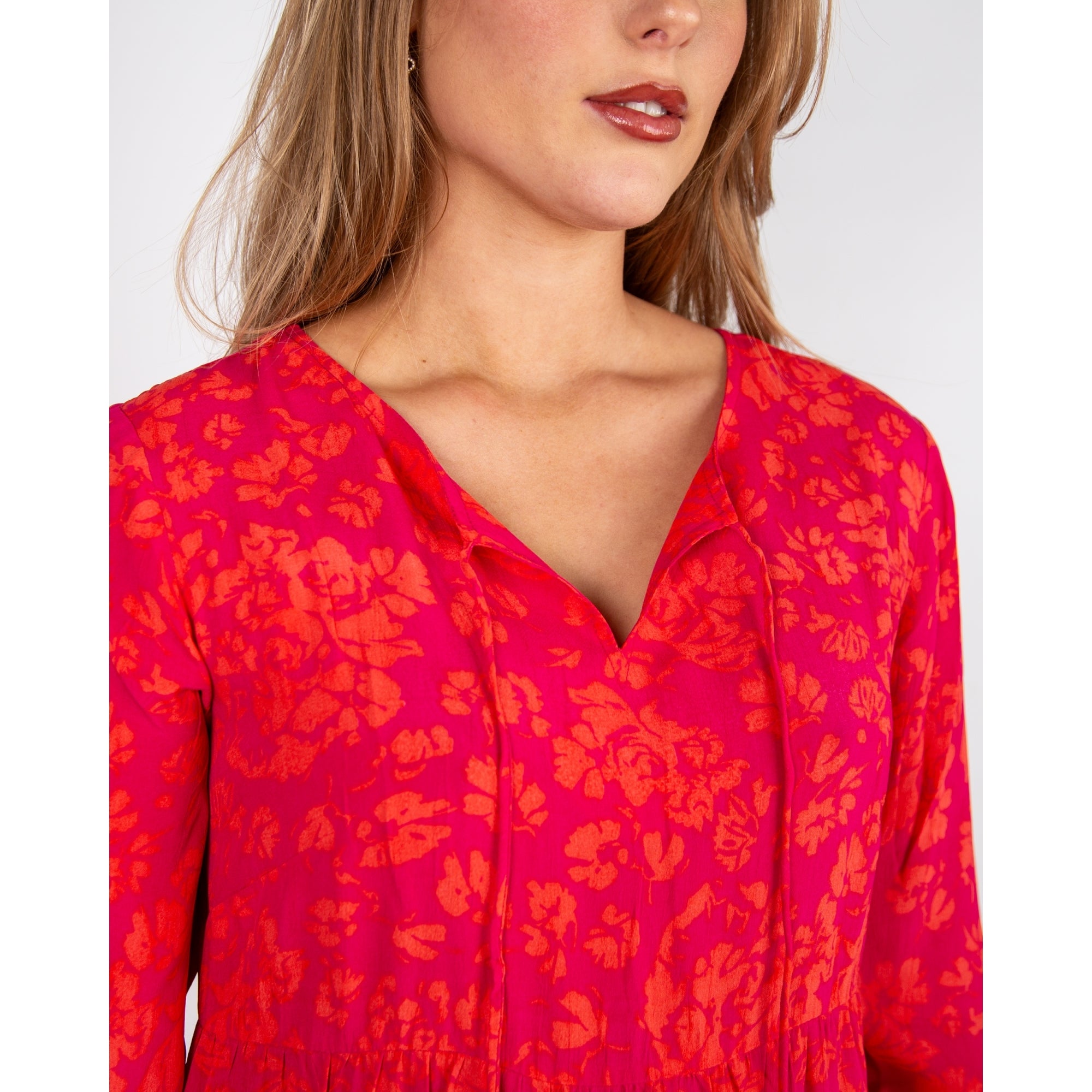 Pomodoro Tie Neck Short Tiered Contrast Floral Dress Pink/orange