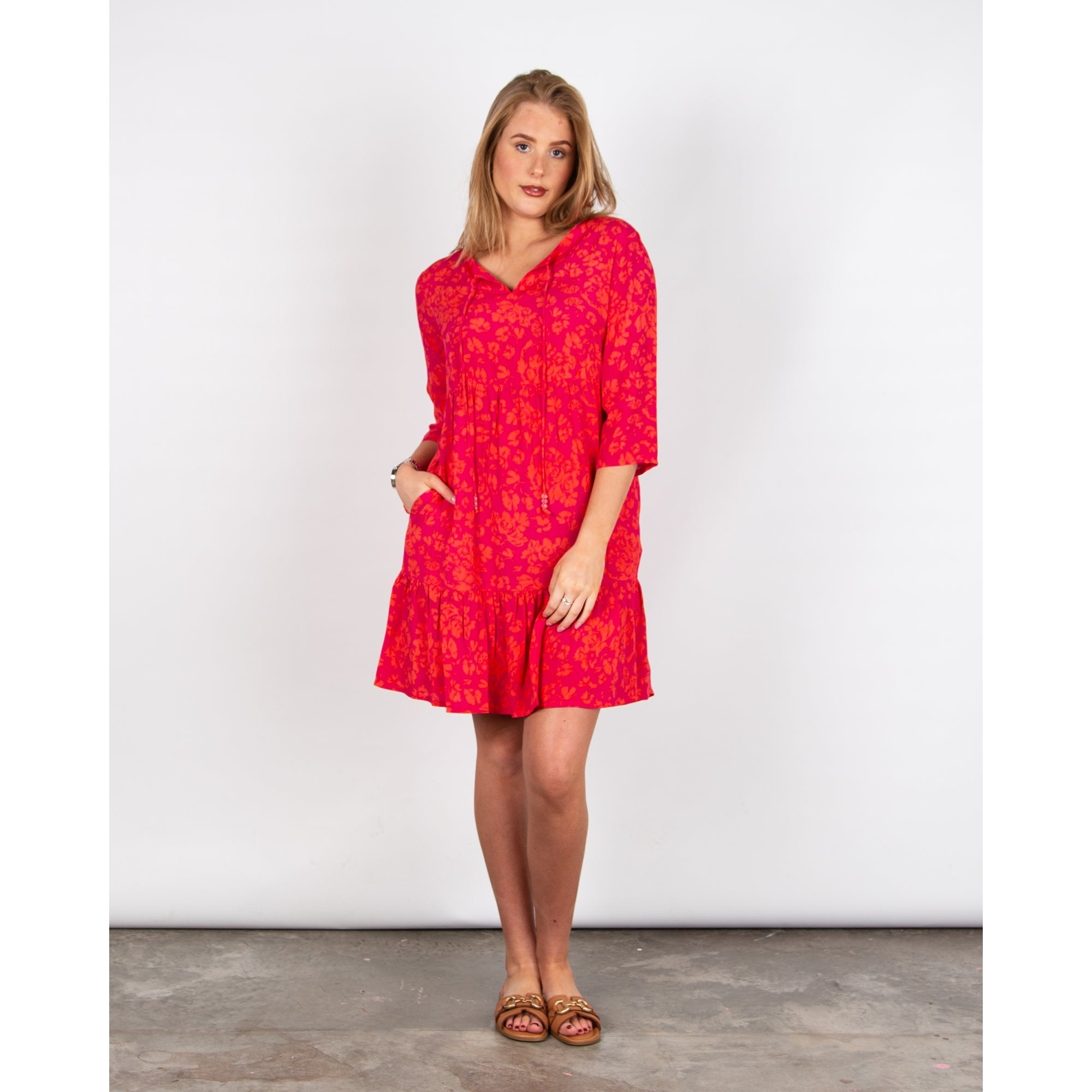 Pomodoro Tie Neck Short Tiered Contrast Floral Dress Pink/orange