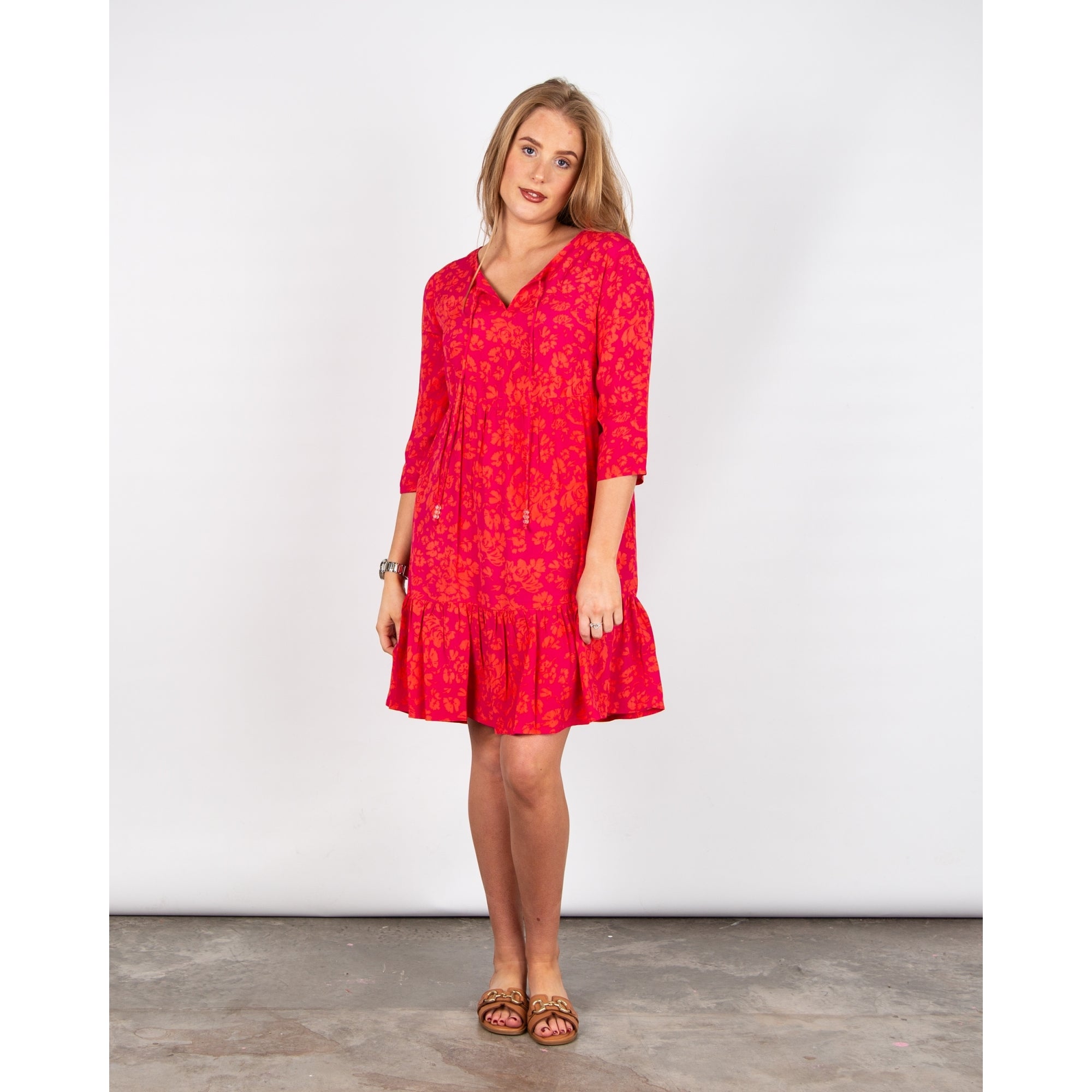 Pomodoro Tie Neck Short Tiered Contrast Floral Dress Pink/orange