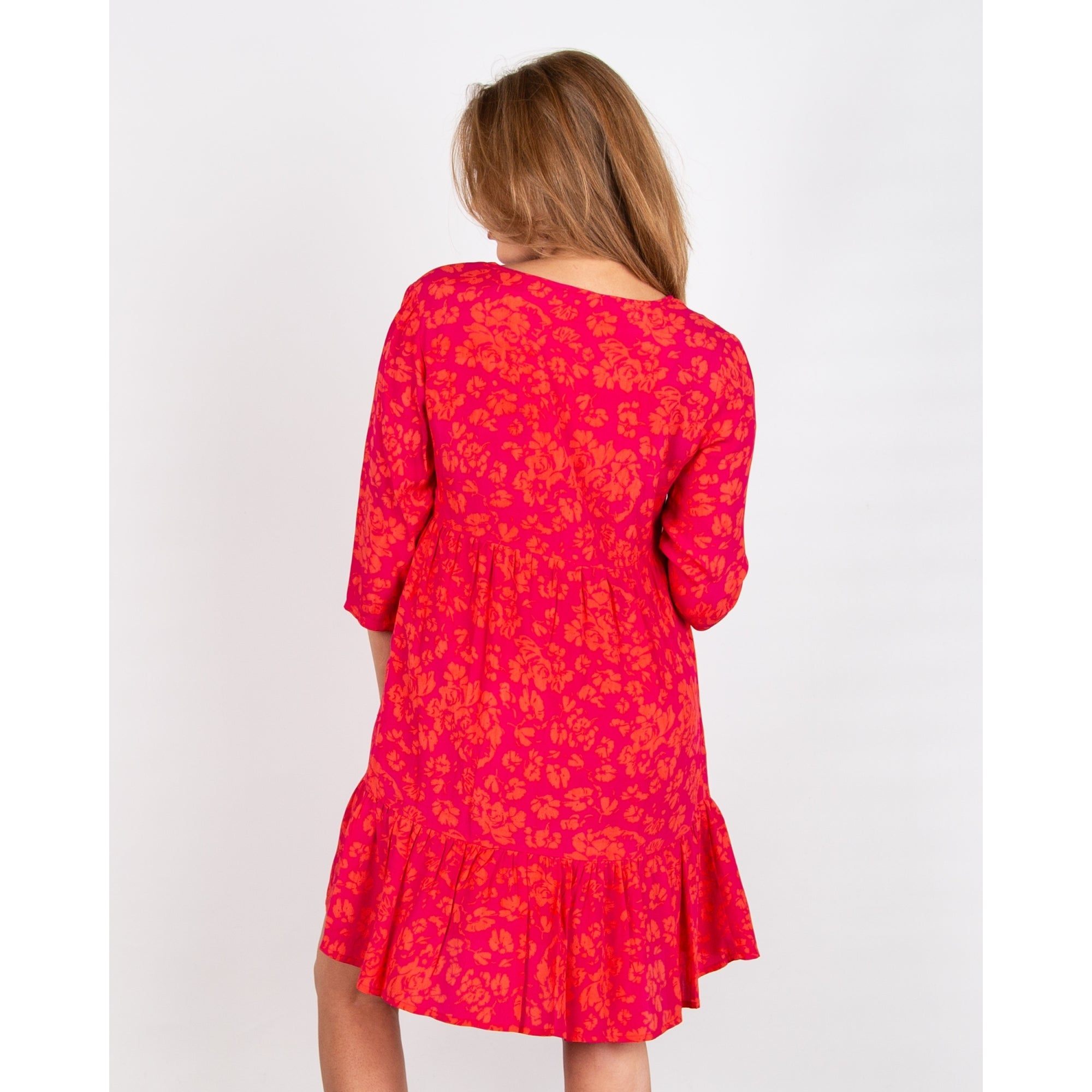 Pomodoro Tie Neck Short Tiered Contrast Floral Dress Pink/orange