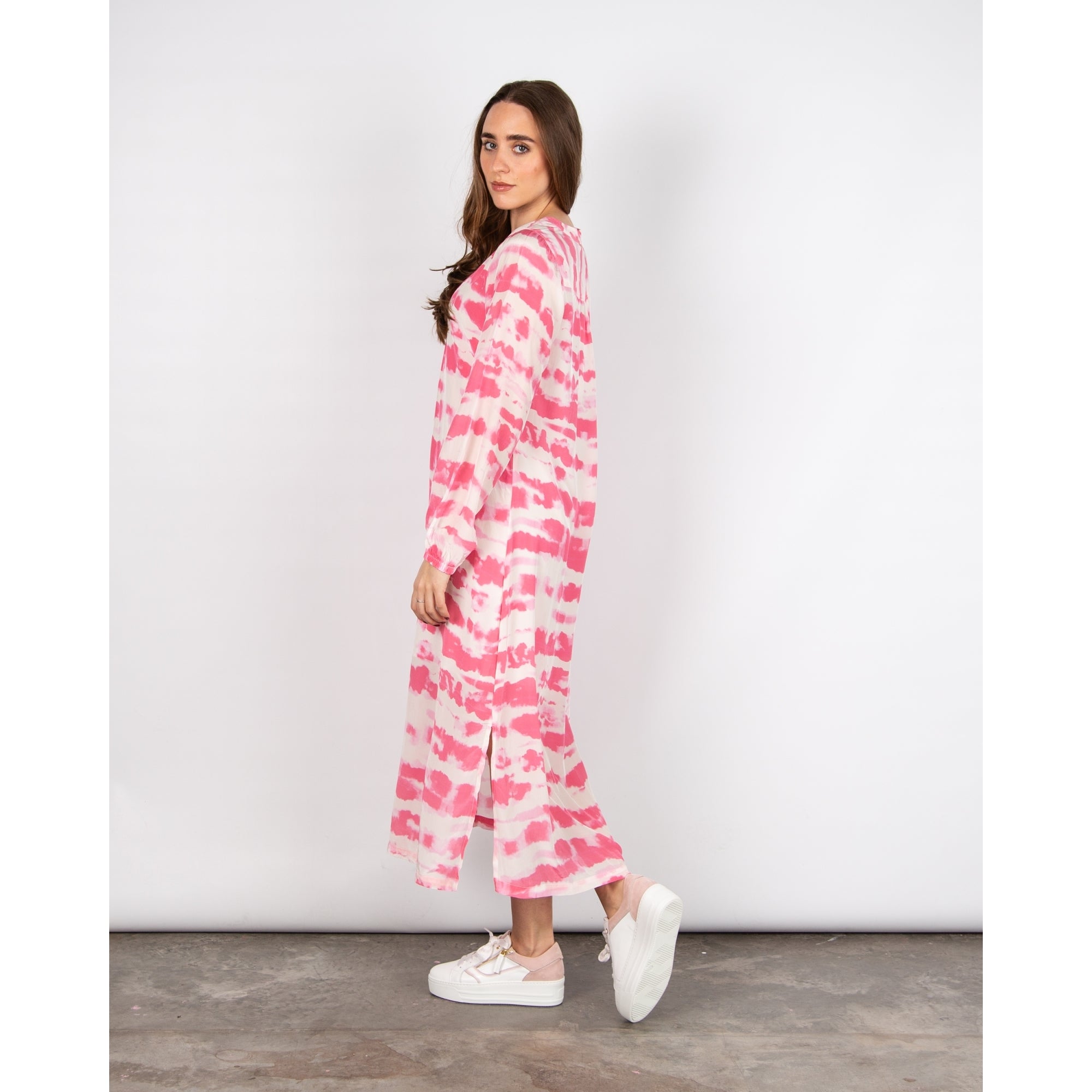 Moliin Carly Cloud Print V Neck A Line Dress Pink/white