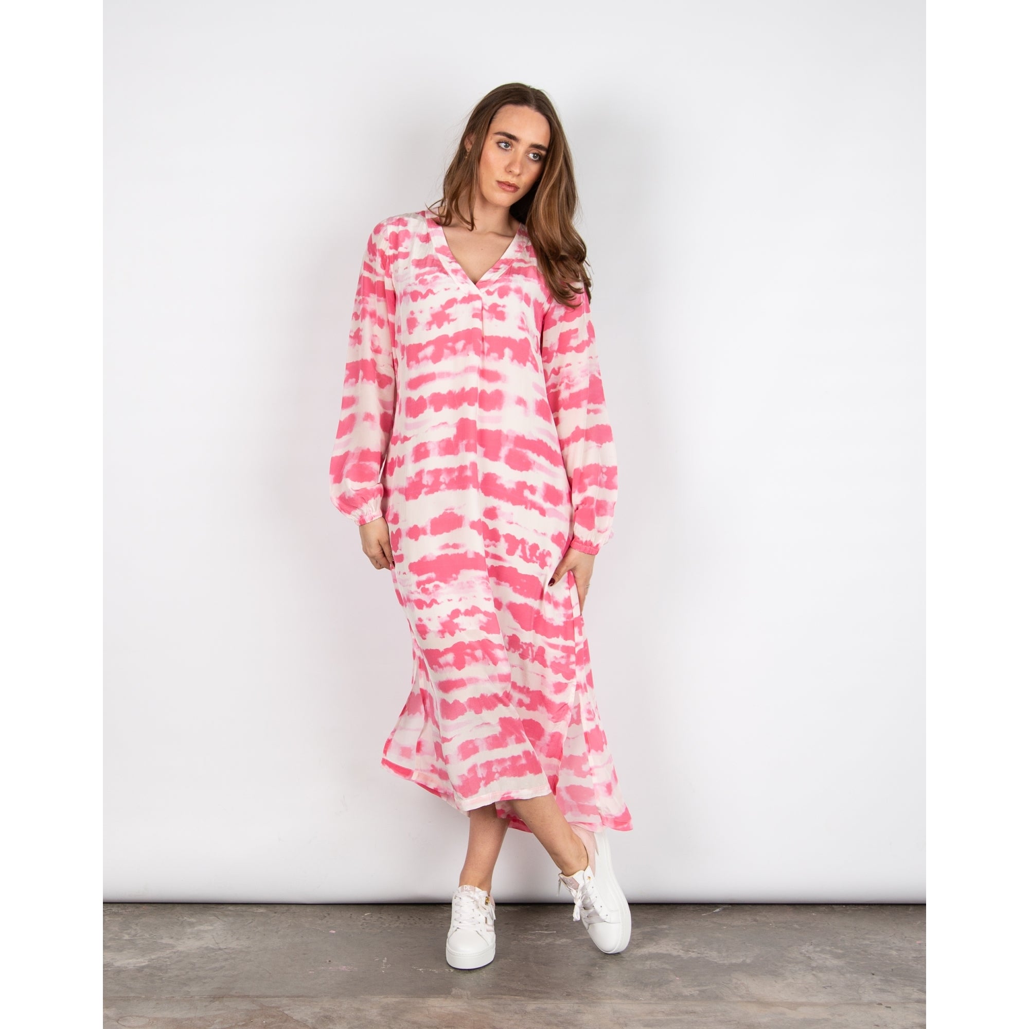 Moliin Carly Cloud Print V Neck A Line Dress Pink/white