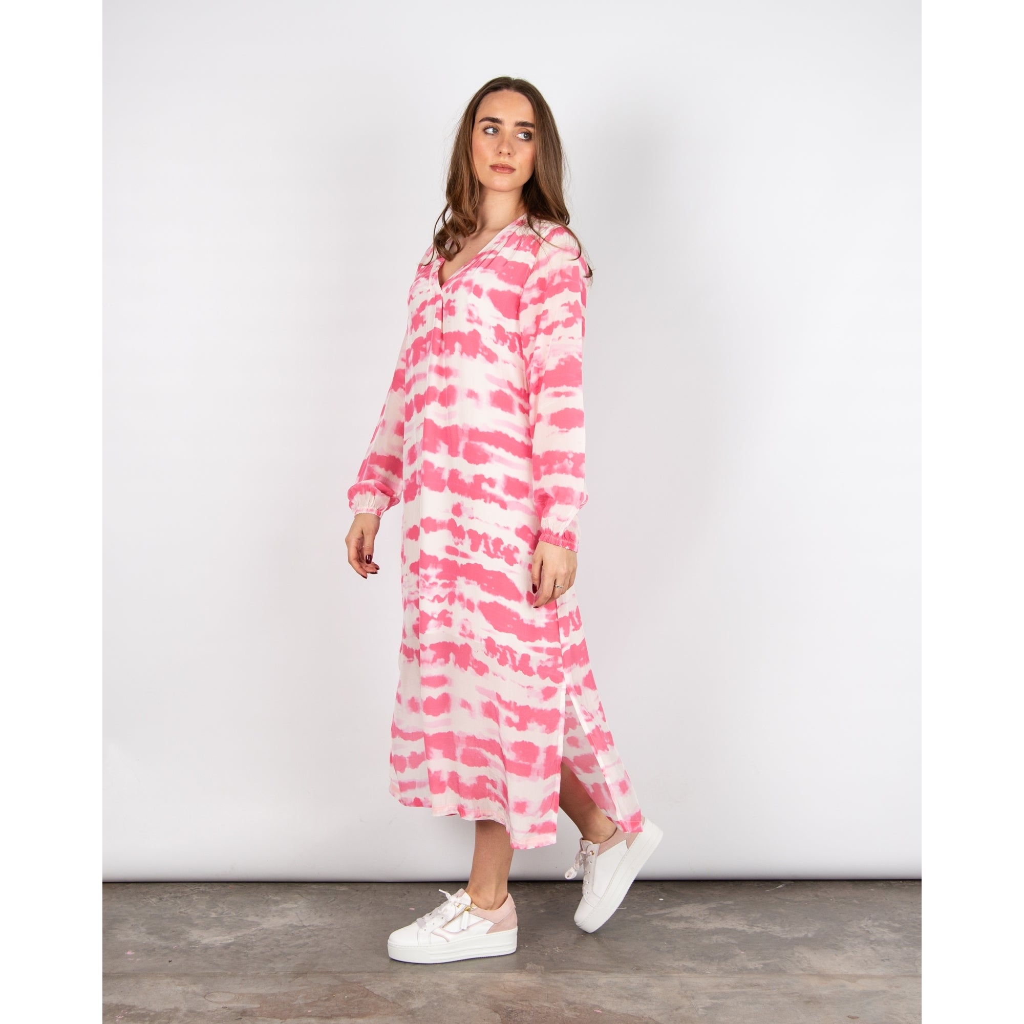 Moliin Carly Cloud Print V Neck A Line Dress Pink/white