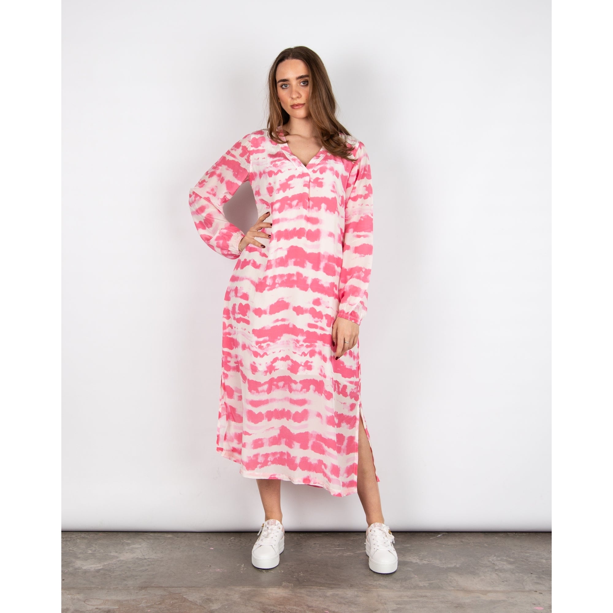 Moliin Carly Cloud Print V Neck A Line Dress Pink/white
