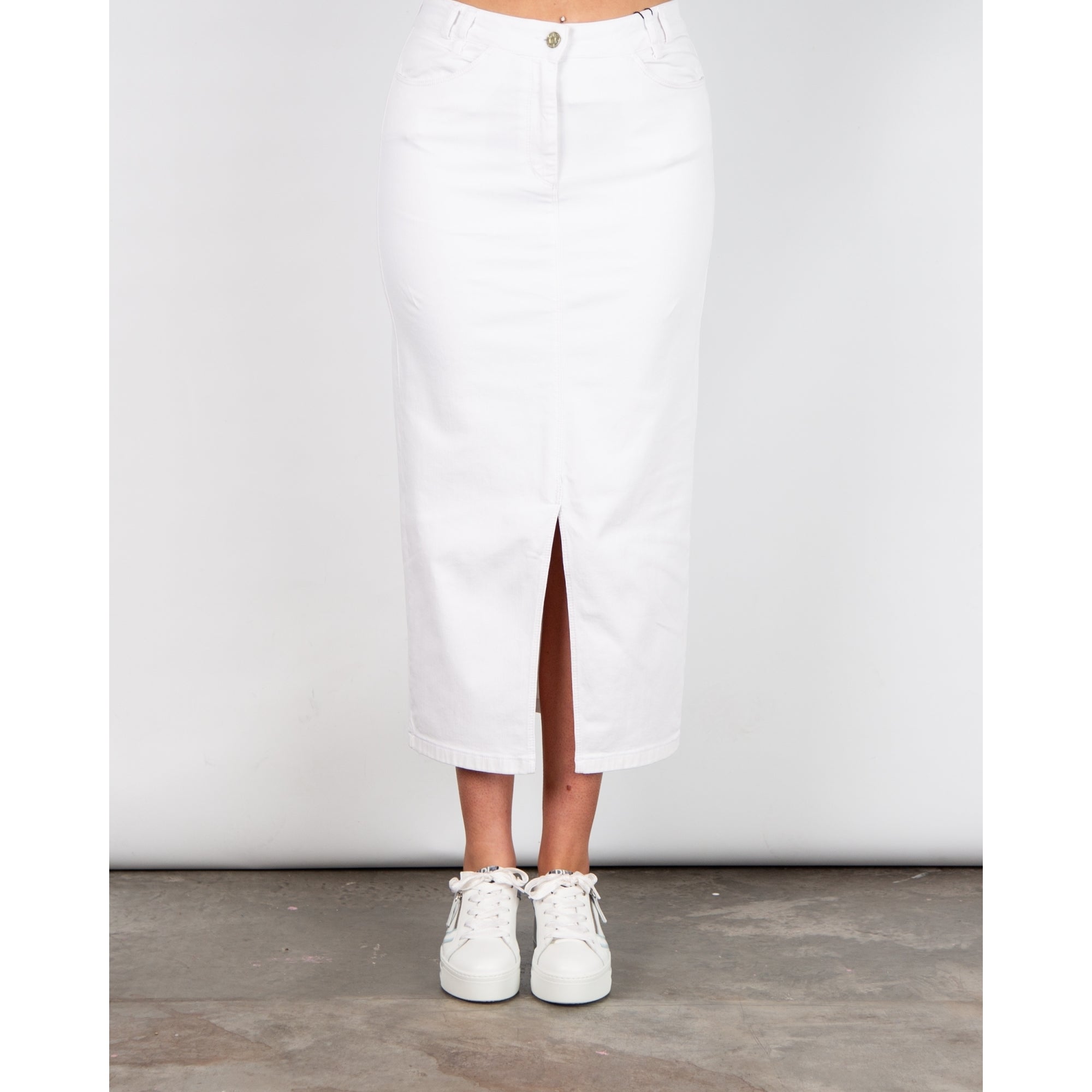 Riani Stretch Denim Midi Skirt With Front Split White