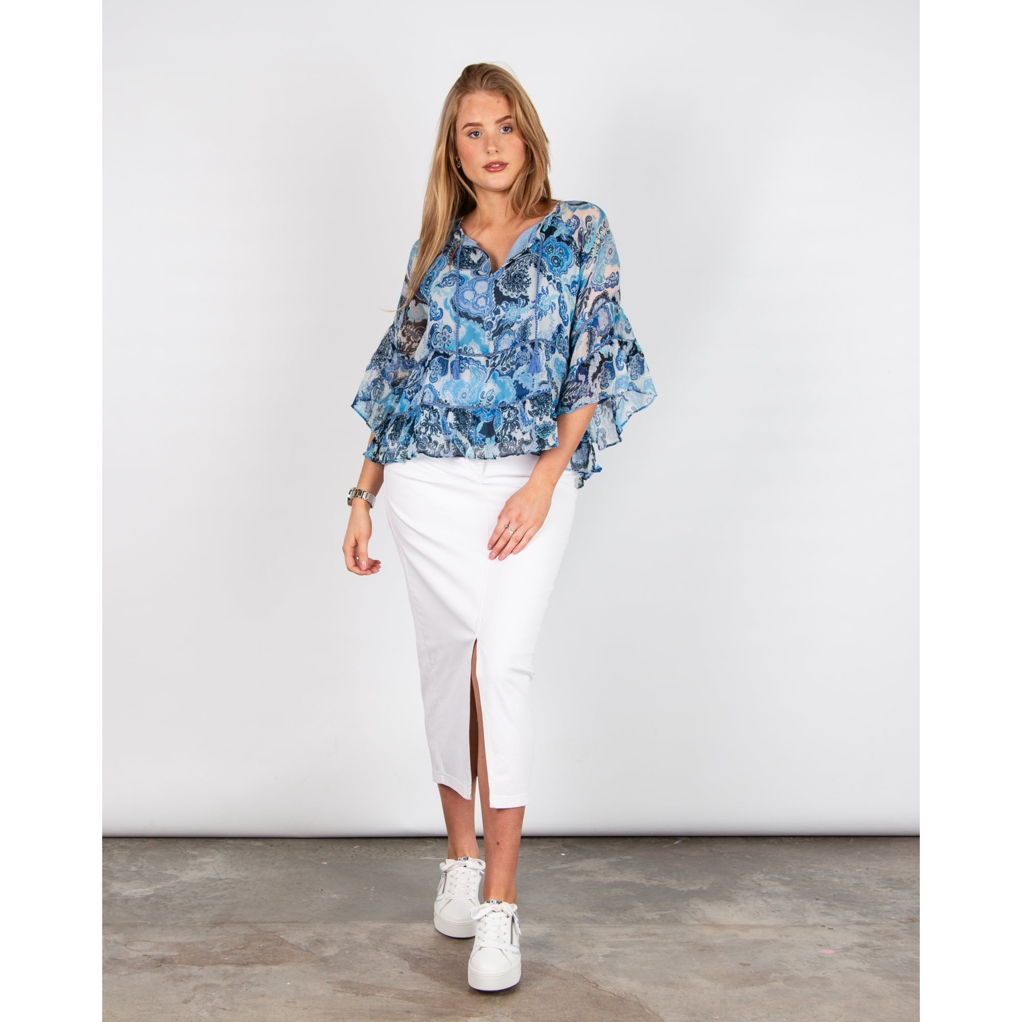 Riani Stretch Denim Midi Skirt With Front Split White