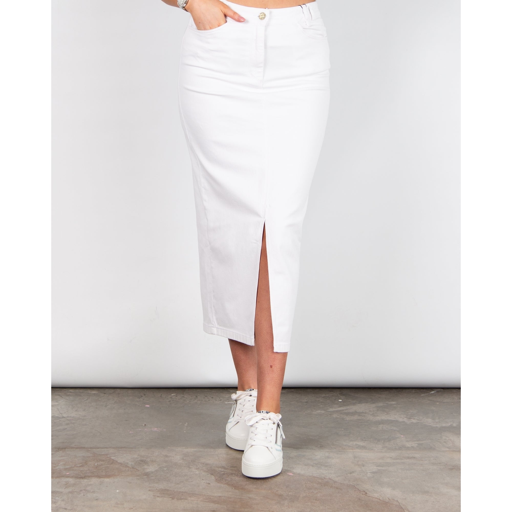 Riani Stretch Denim Midi Skirt With Front Split White