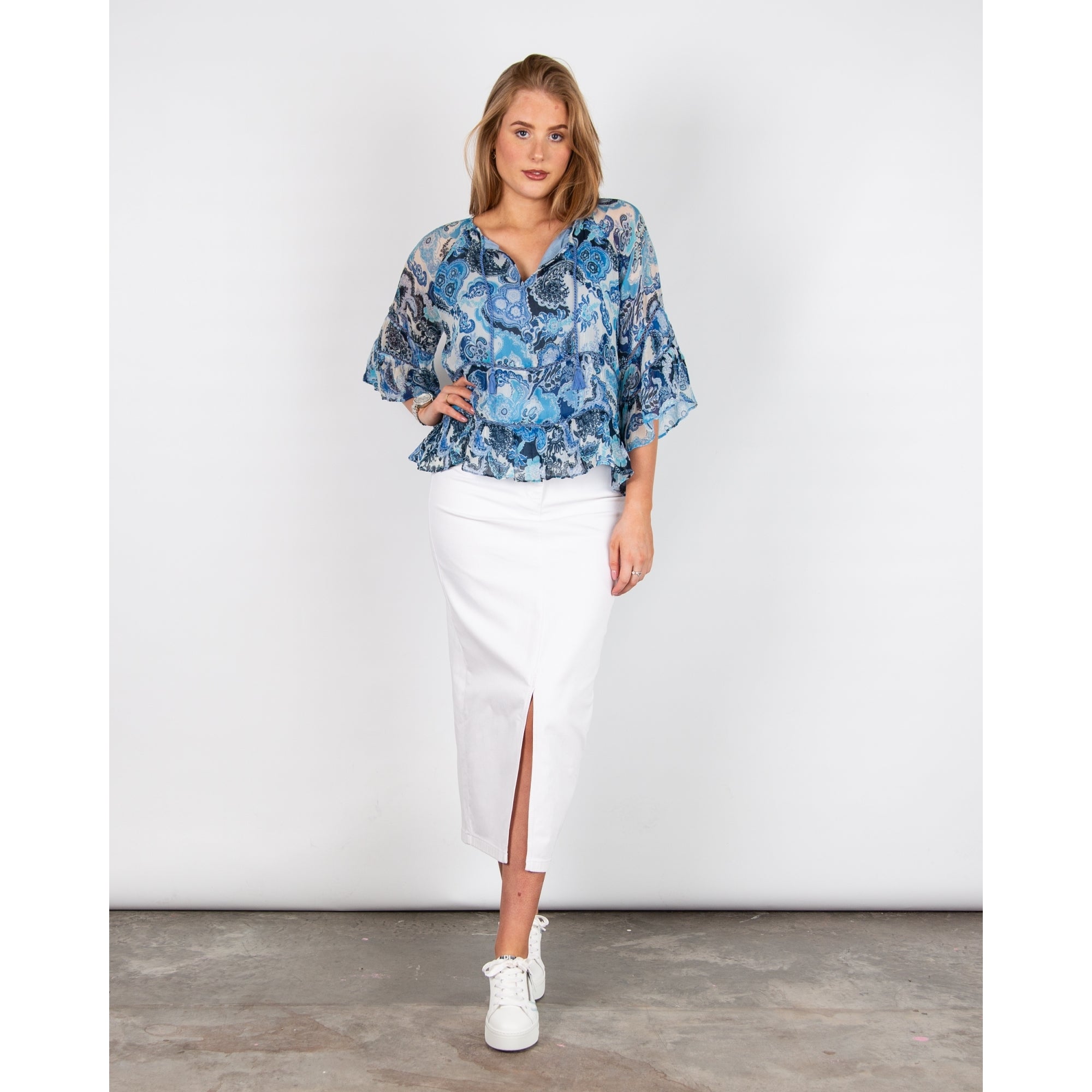 Riani Stretch Denim Midi Skirt With Front Split White