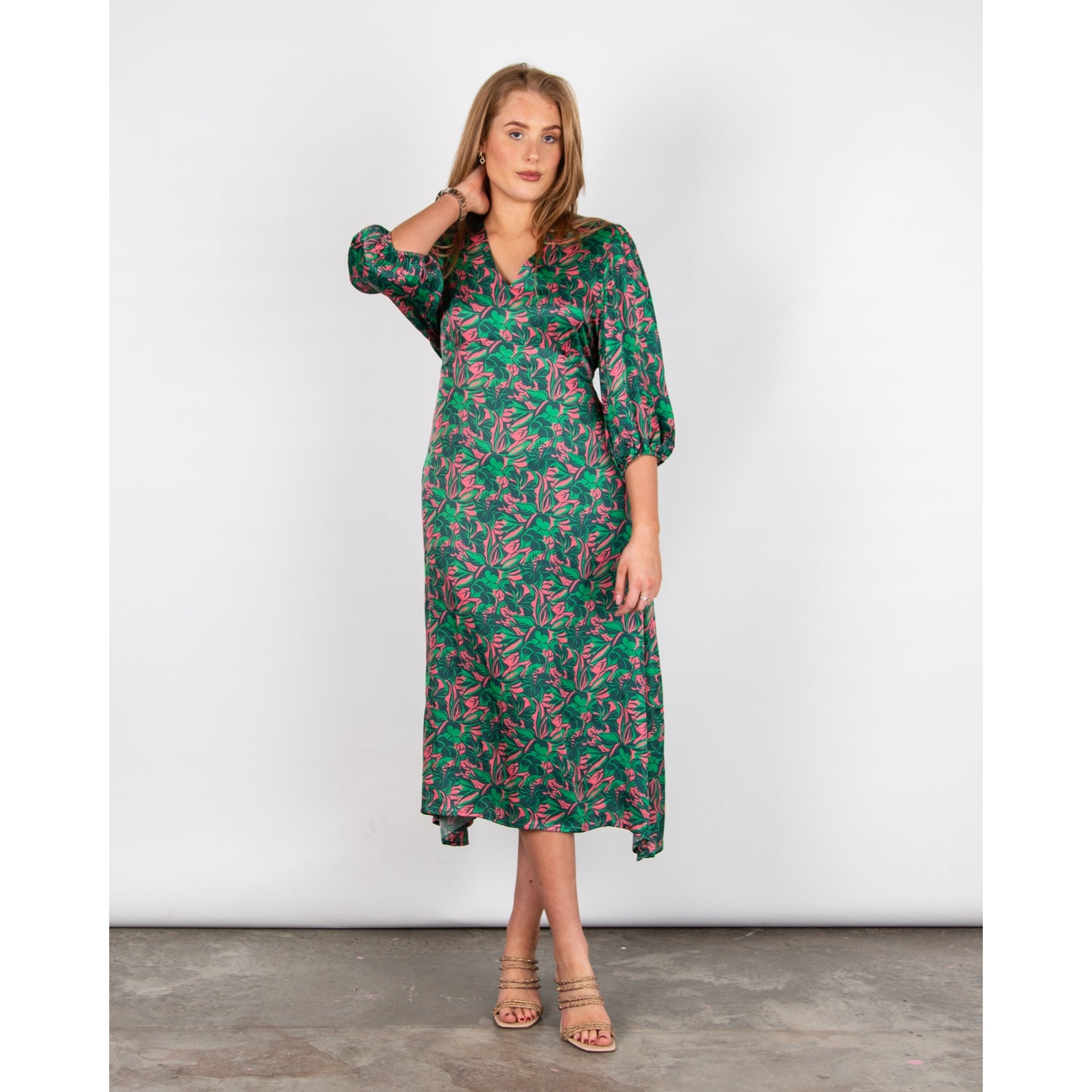 Primrose Park Maggie V Neck Tie Back Contrast Leaf Print Dress Green/pink