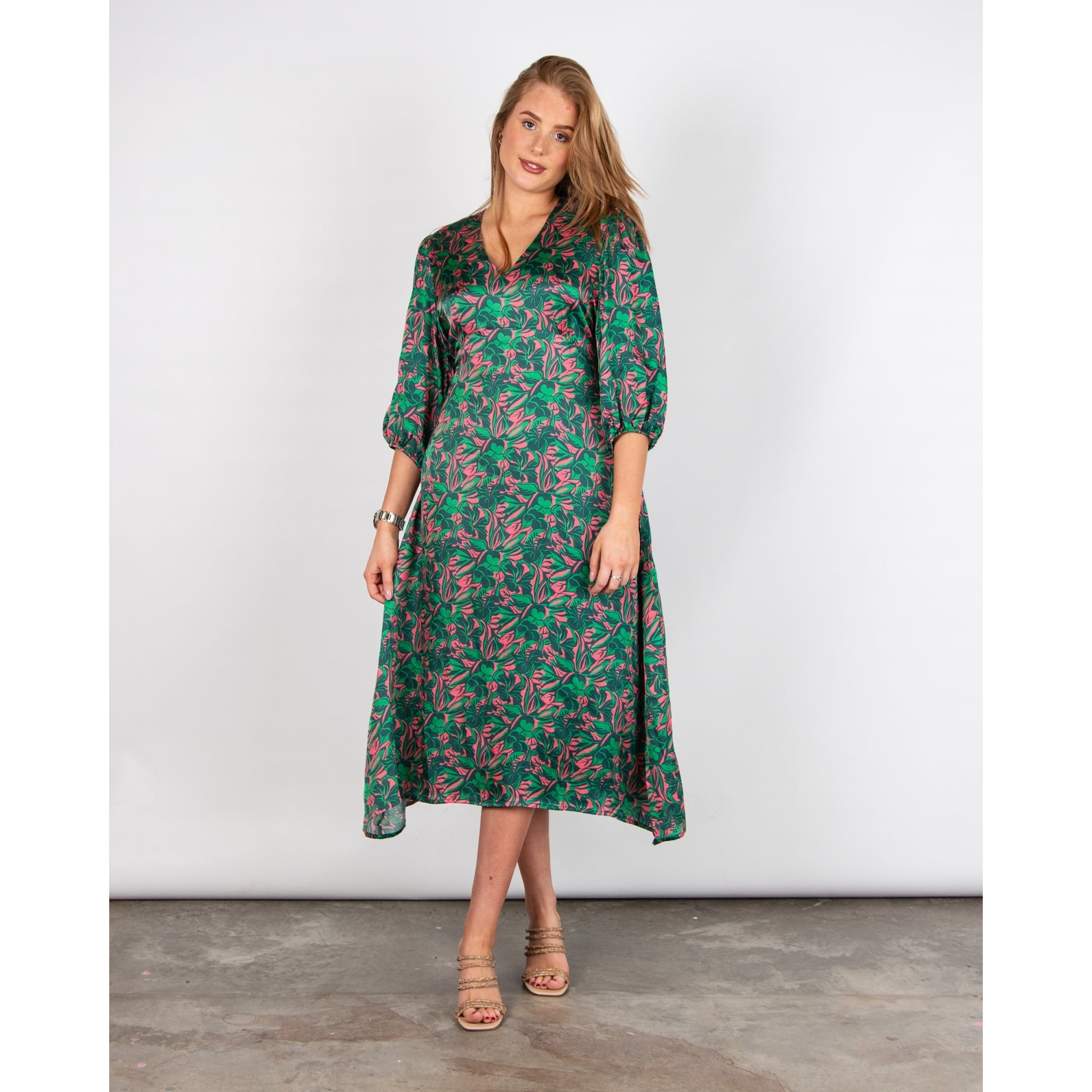 Primrose Park Maggie V Neck Tie Back Contrast Leaf Print Dress Green/pink