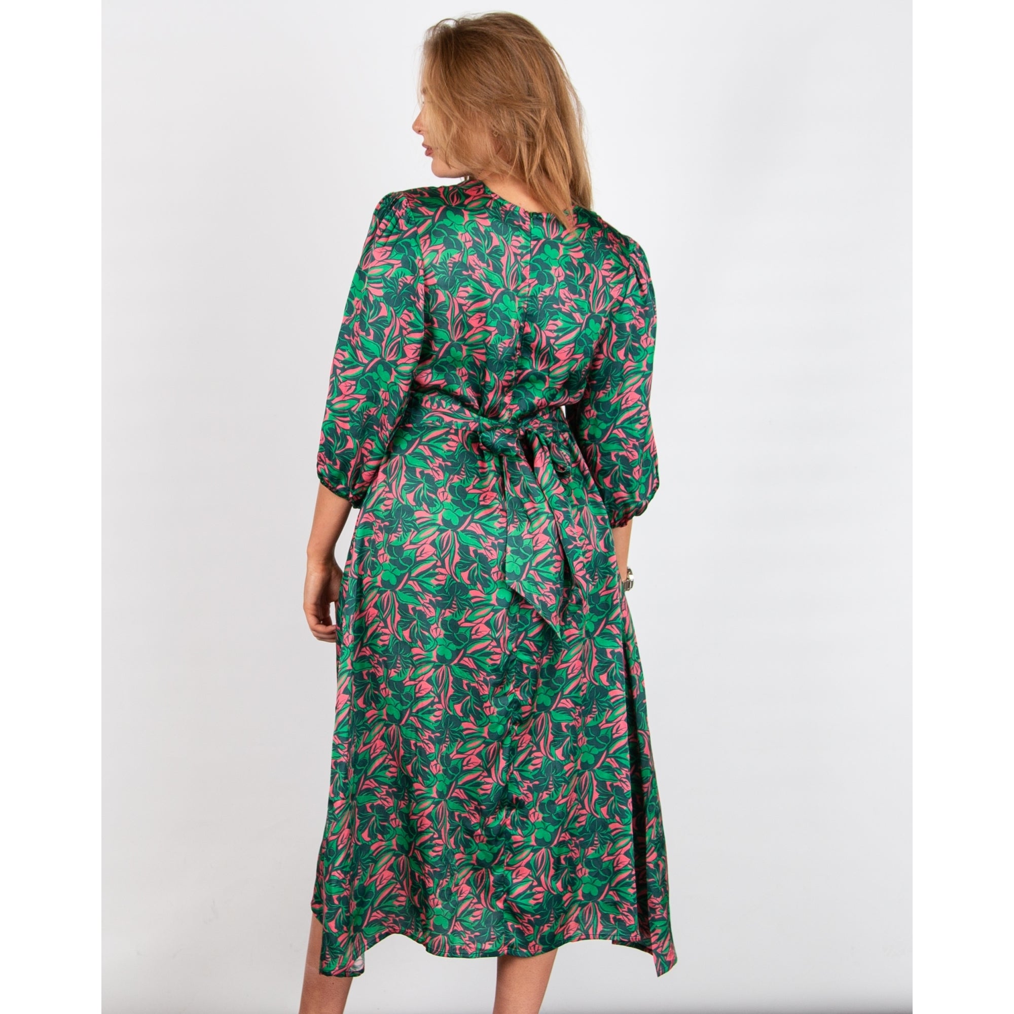 Primrose Park Maggie V Neck Tie Back Contrast Leaf Print Dress Green/pink