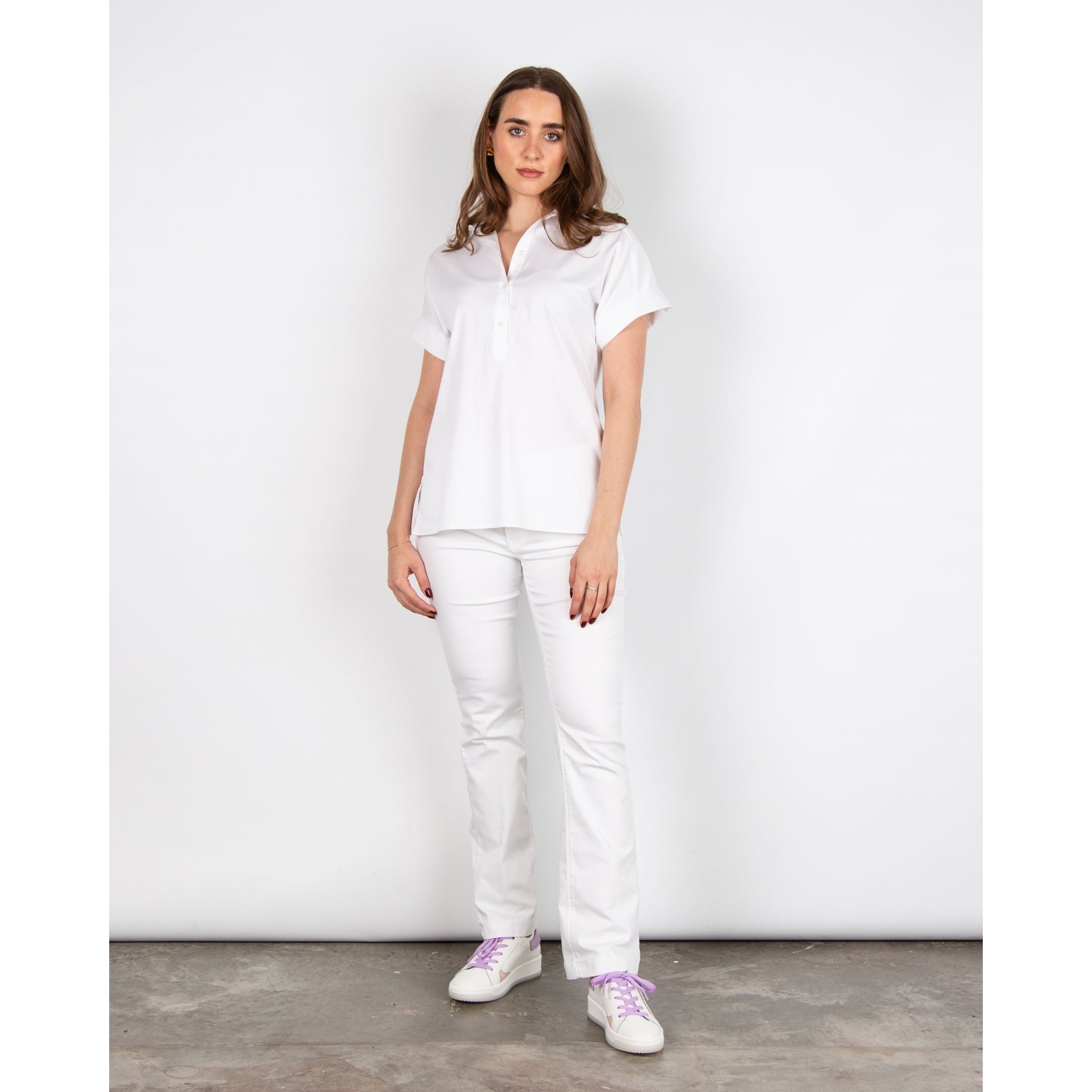 Milano Italy Short Sleeve Button Neck Shirt Gathered Back White