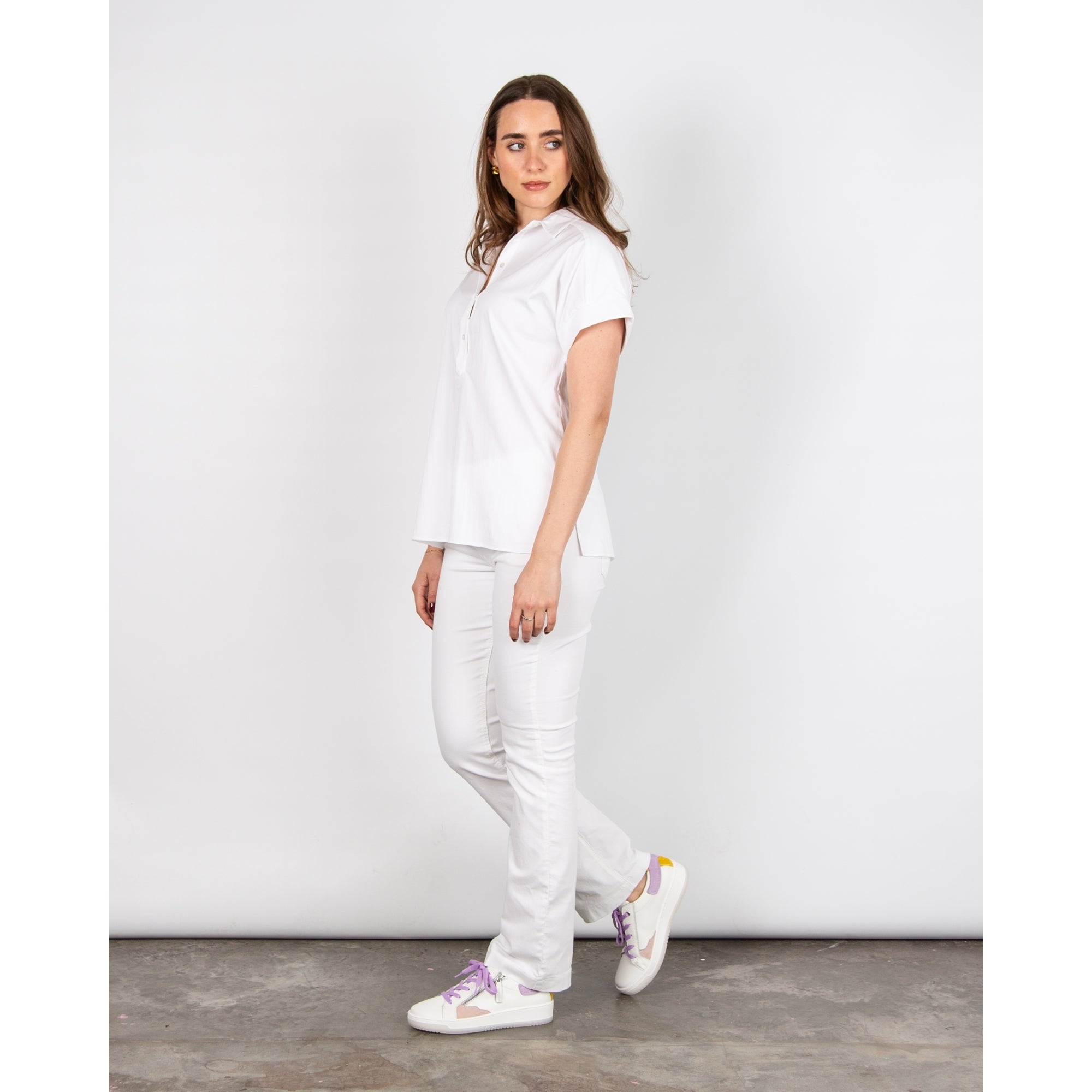 Milano Italy Short Sleeve Button Neck Shirt Gathered Back White