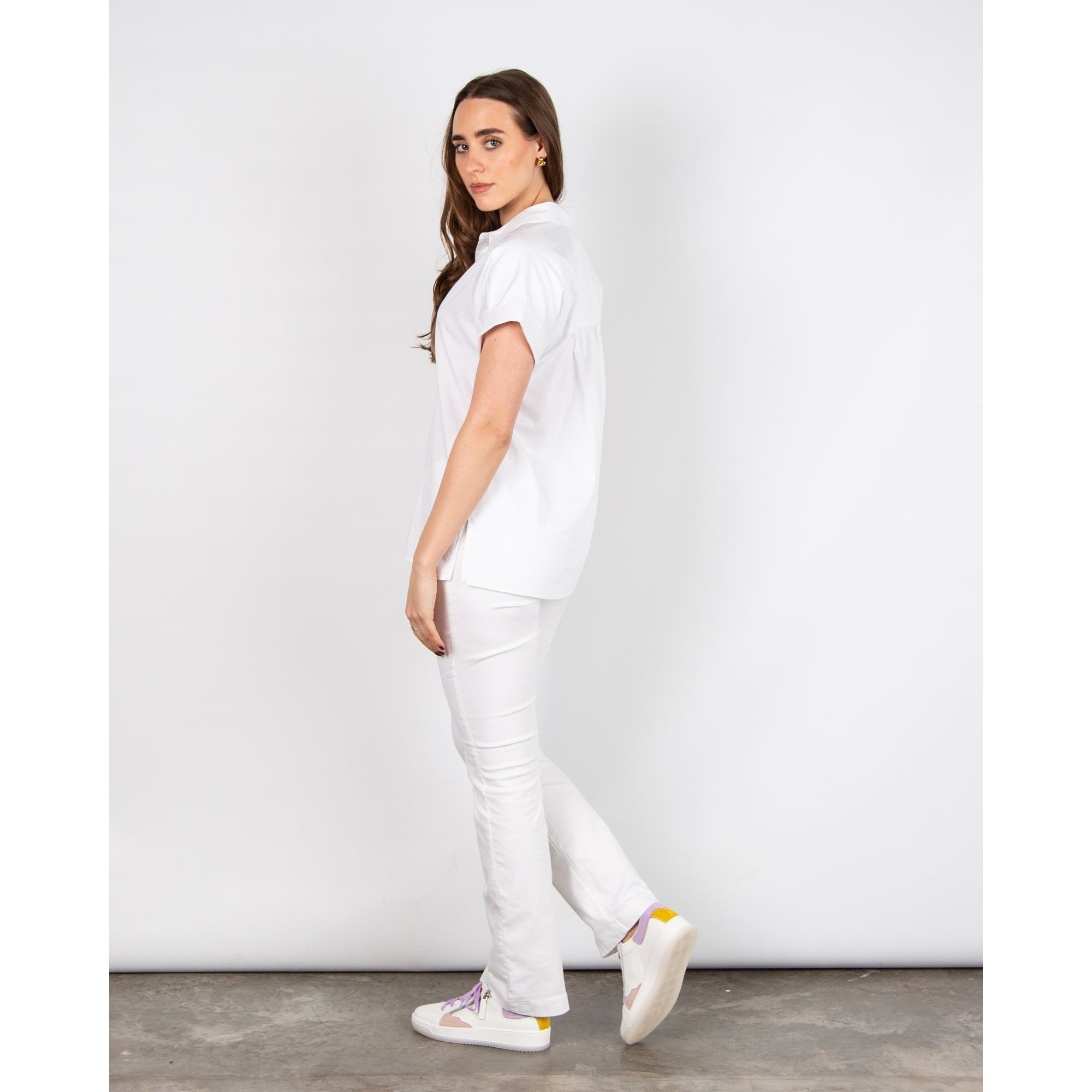 Milano Italy Short Sleeve Button Neck Shirt Gathered Back White