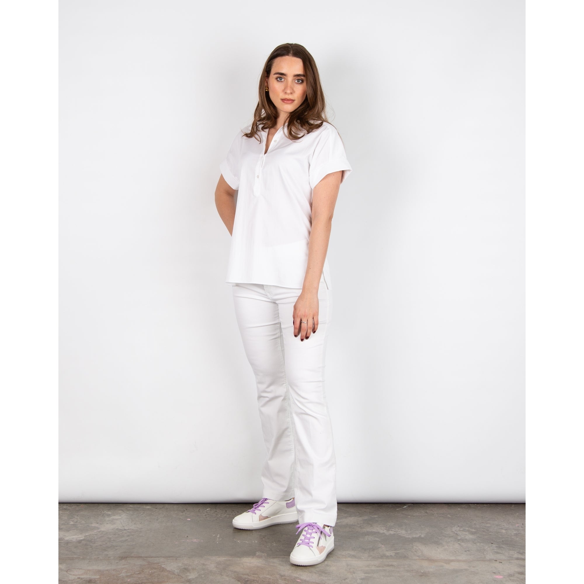 Milano Italy Short Sleeve Button Neck Shirt Gathered Back White