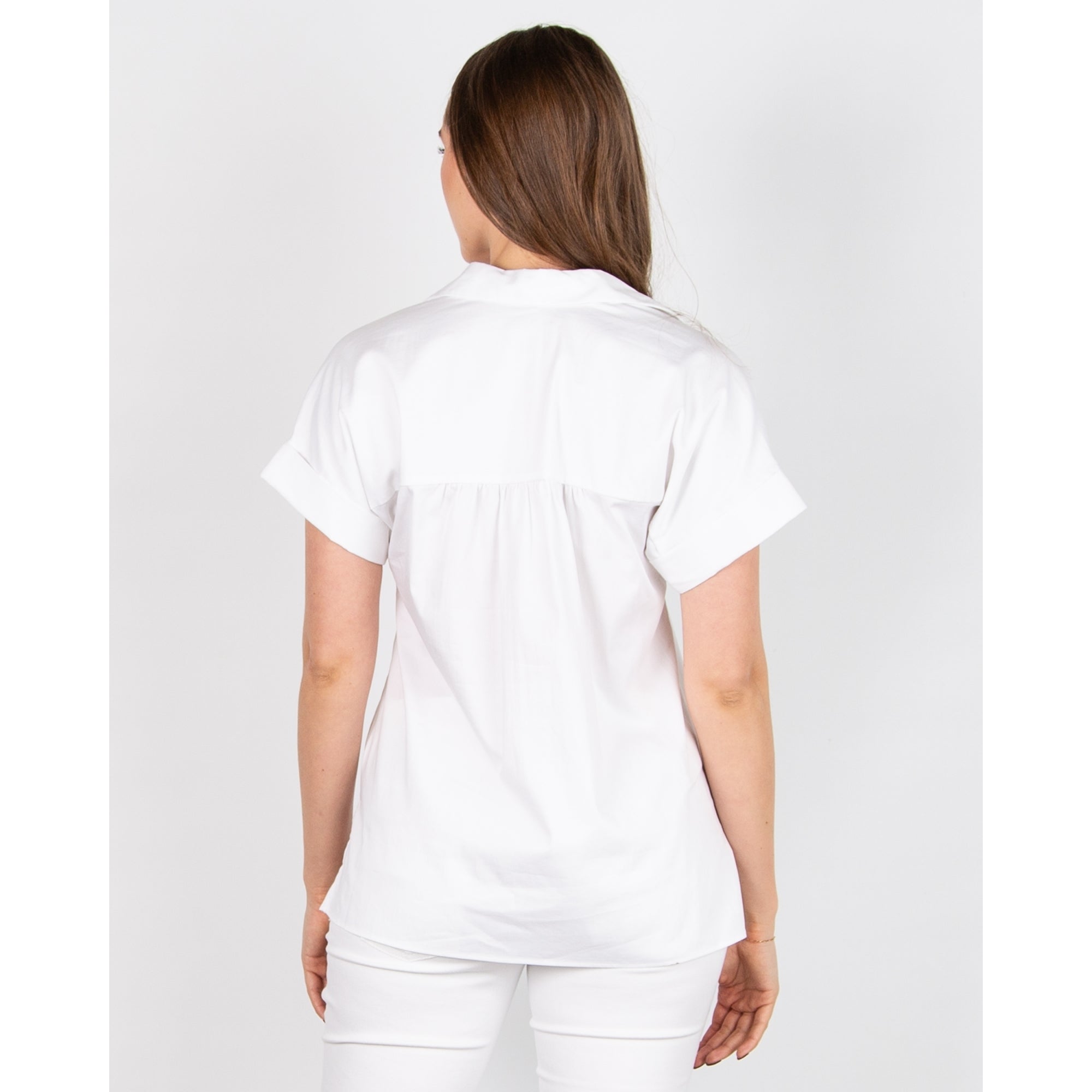 Milano Italy Short Sleeve Button Neck Shirt Gathered Back White