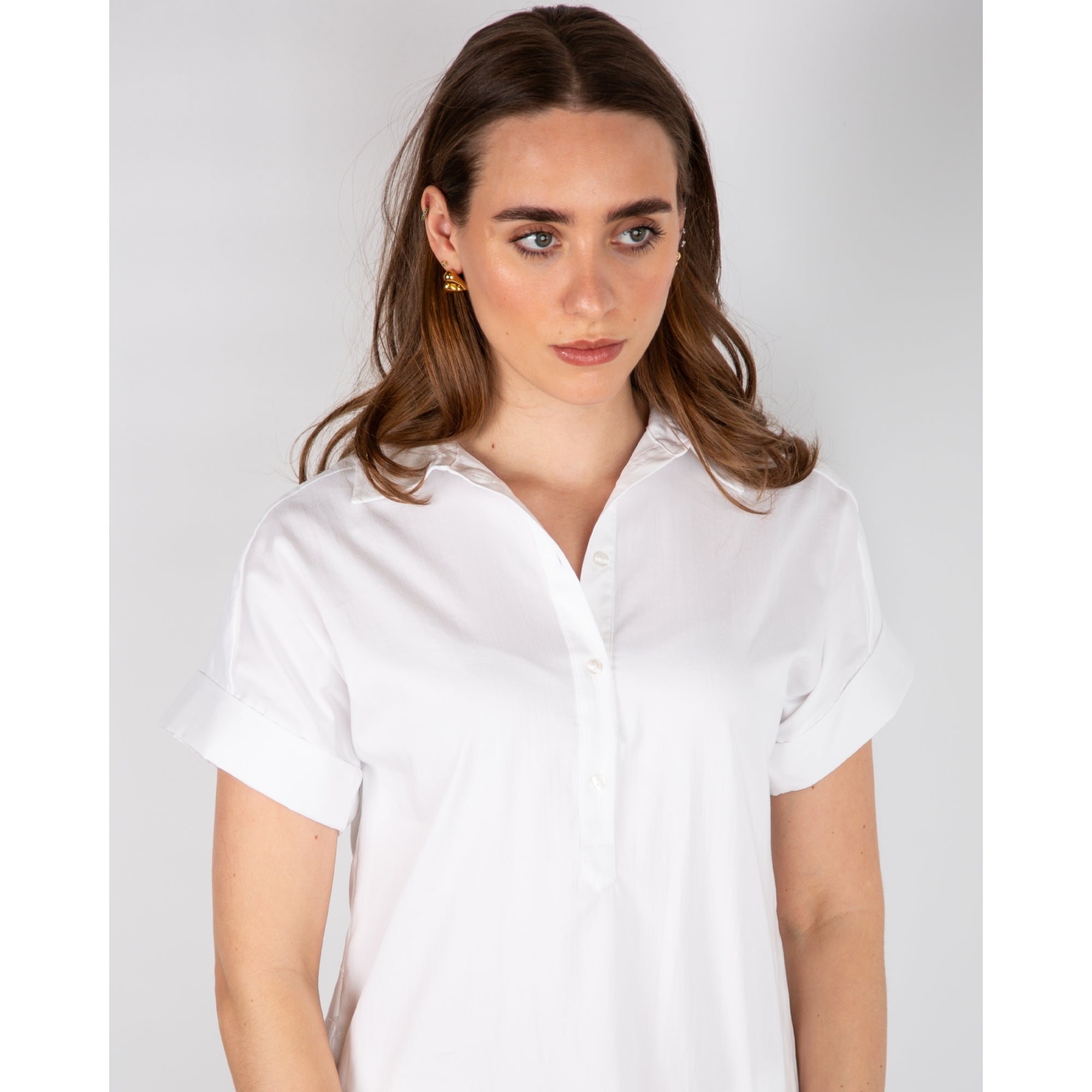 Milano Italy Short Sleeve Button Neck Shirt Gathered Back White