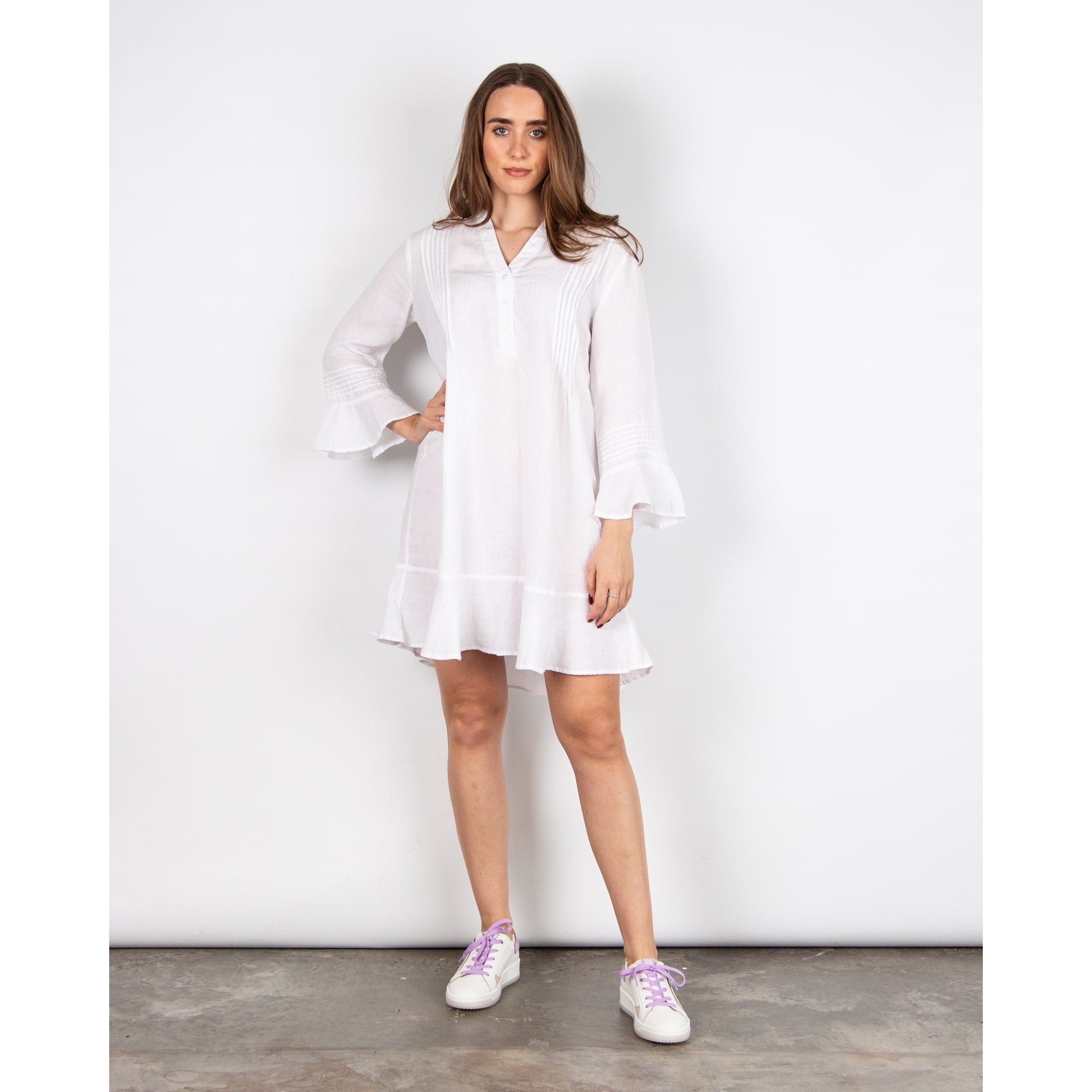 Part Two Etena Pintuck Frill Cuff And Hem Linen Dress White