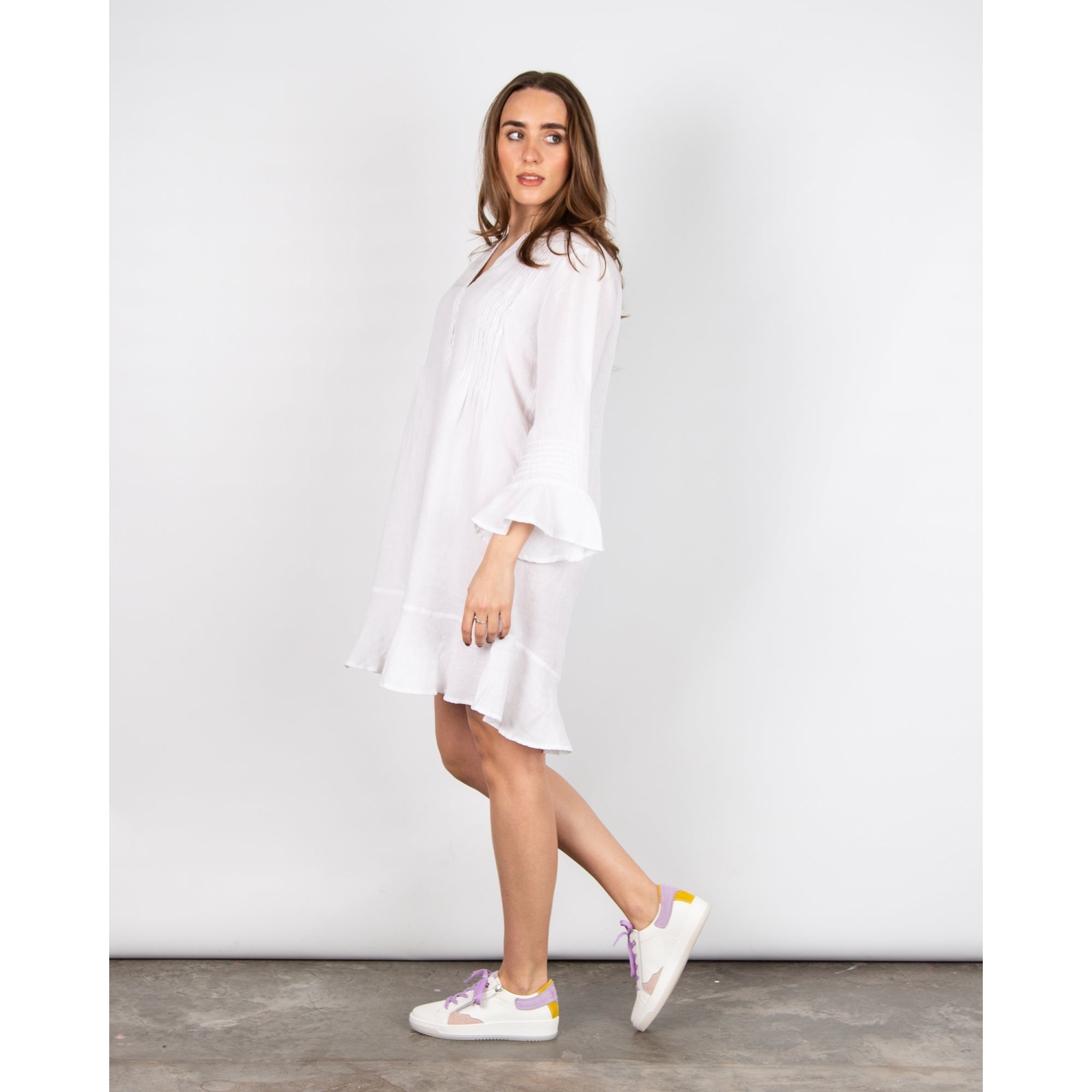 Part Two Etena Pintuck Frill Cuff And Hem Linen Dress White