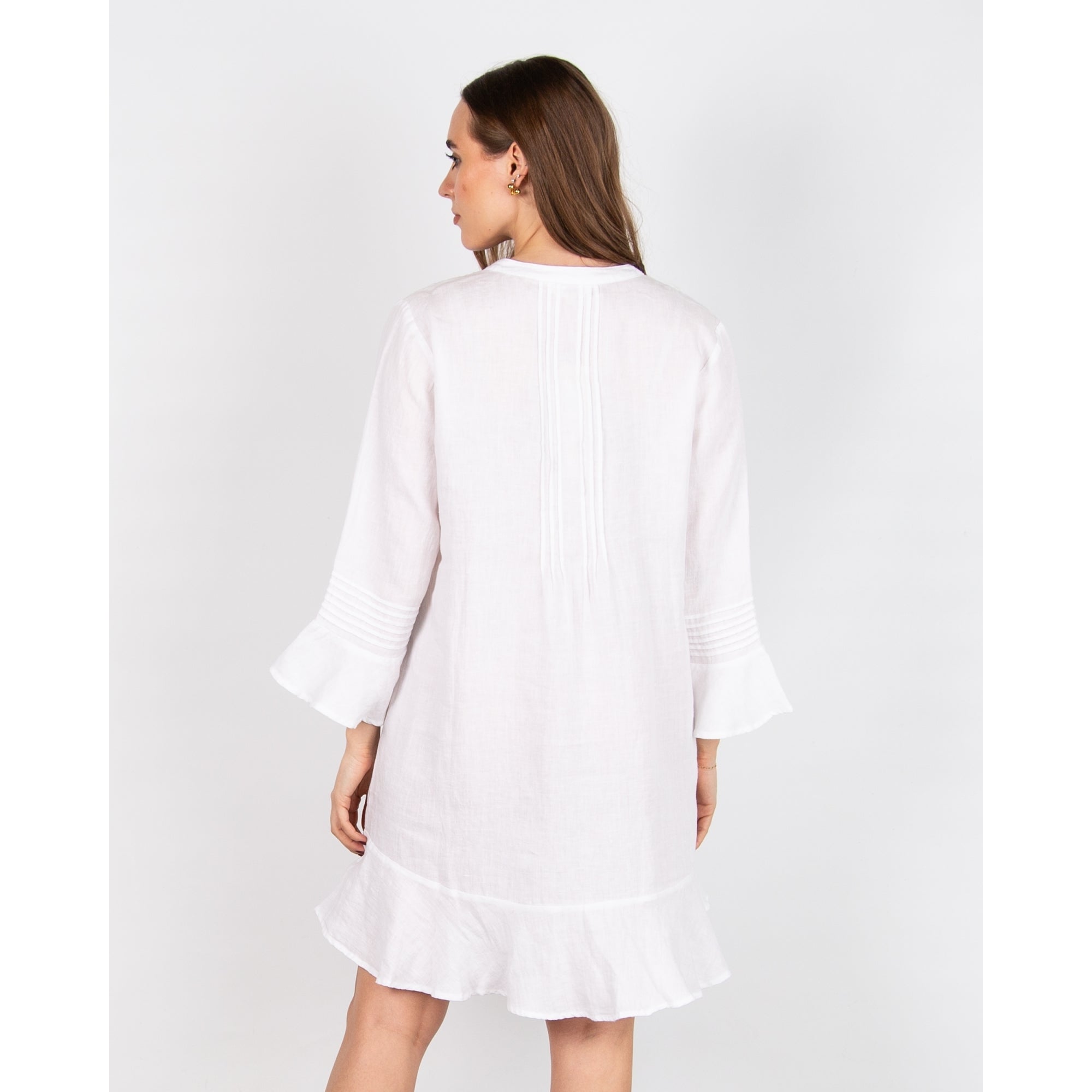 Part Two Etena Pintuck Frill Cuff And Hem Linen Dress White