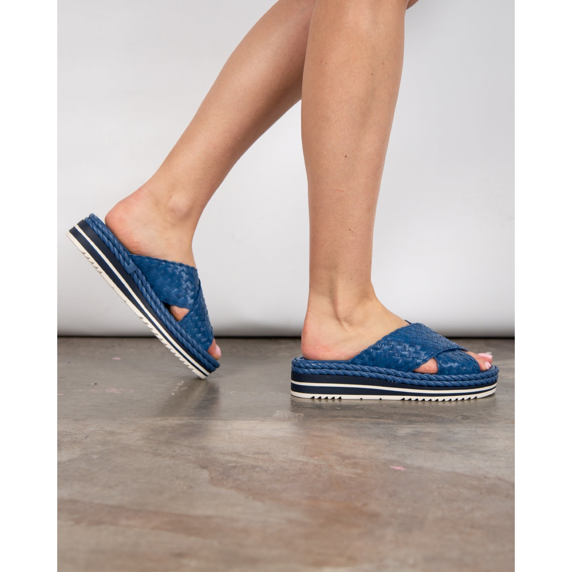 Pons Quintana Woven Cross Over Stripe Wedge Mules Blue